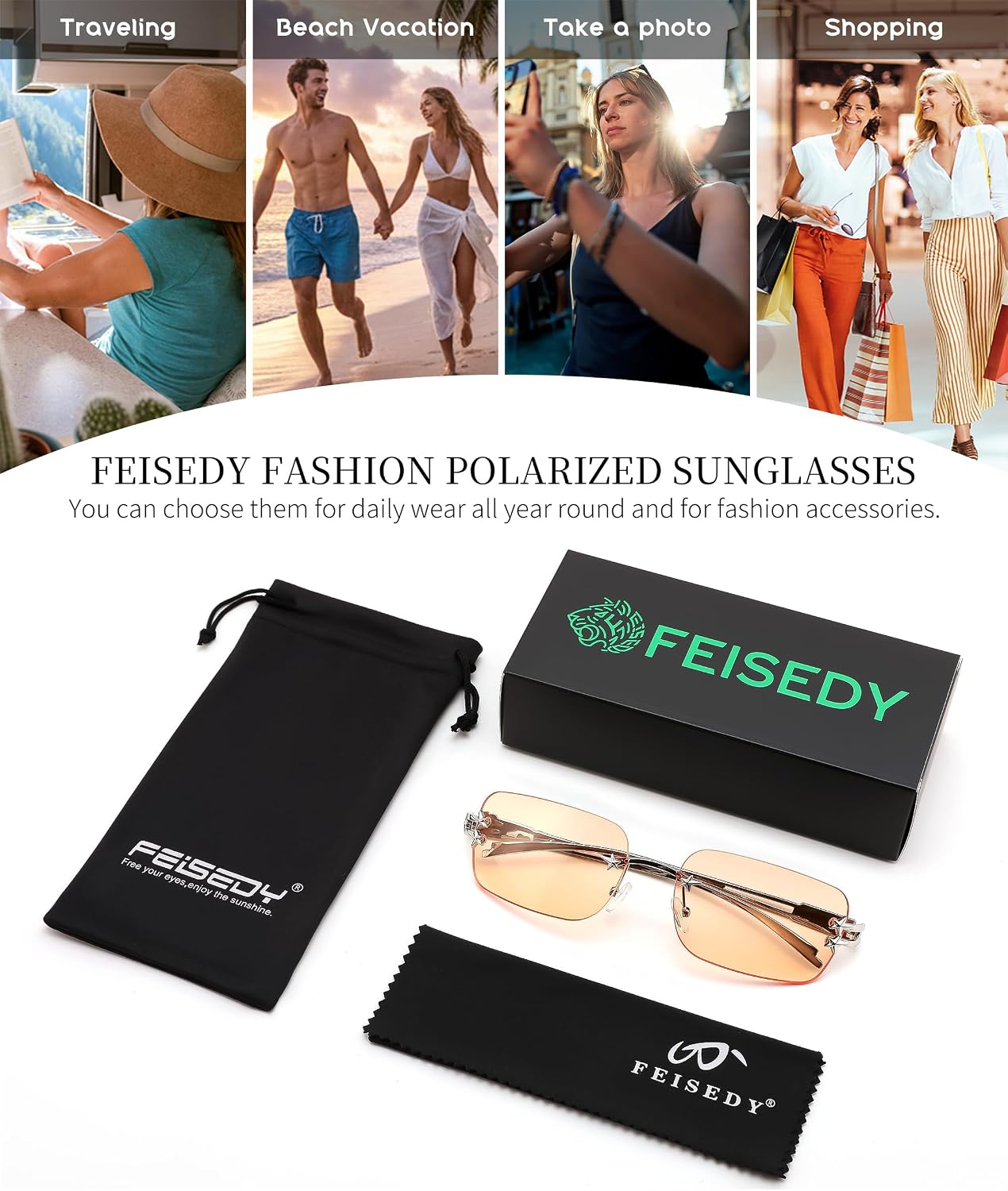 商品图片 25 | B0GX6FSM23 | FEISEDY Retro Rimless Rectangle Y2K Tinted Sunglasses for Women Men B0423