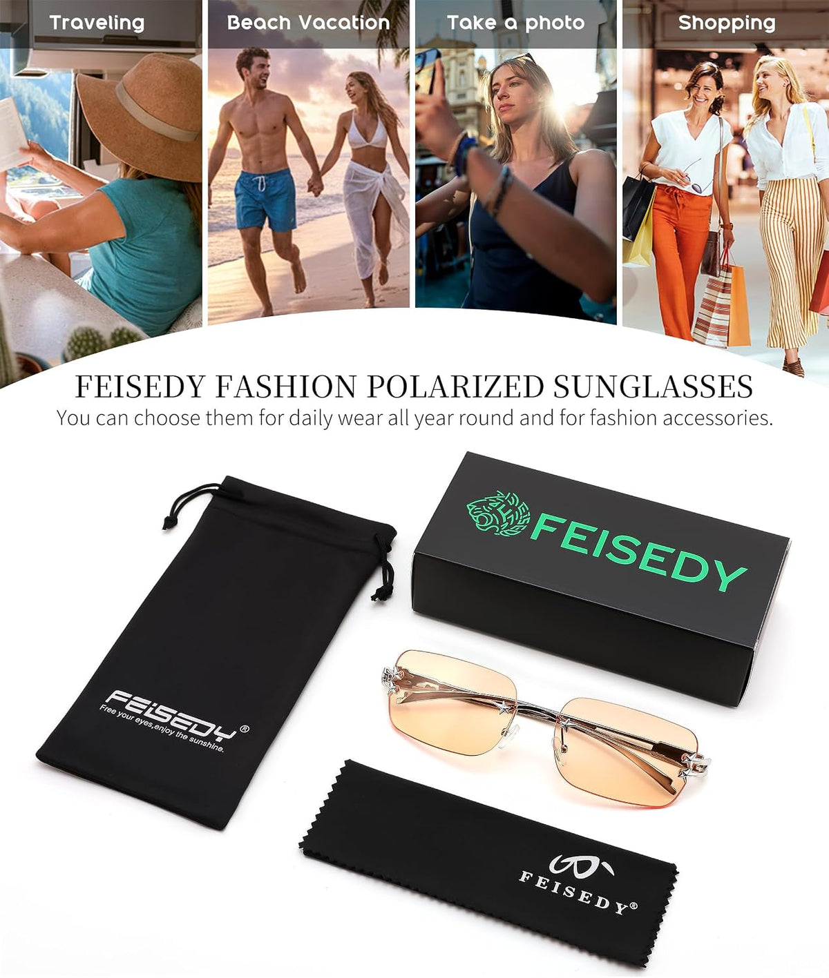 ÉÌƷͼƬ 25 | B0GX6FSM23 | FEISEDY Retro Rimless Rectangle Y2K Tinted Sunglasses for Women Men B0423
