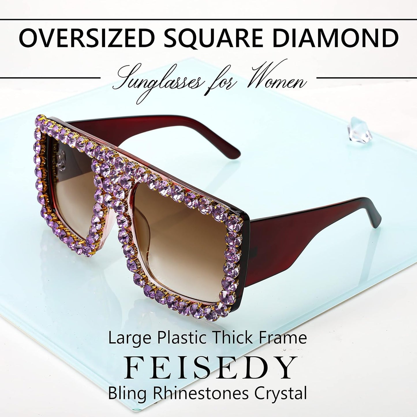 商品图片 11 | B09YHJ846J | FEISEDY Square Diamond Sunglasses for Women Retro Fashion Shiny Rhinestone Sun Glasses B2916