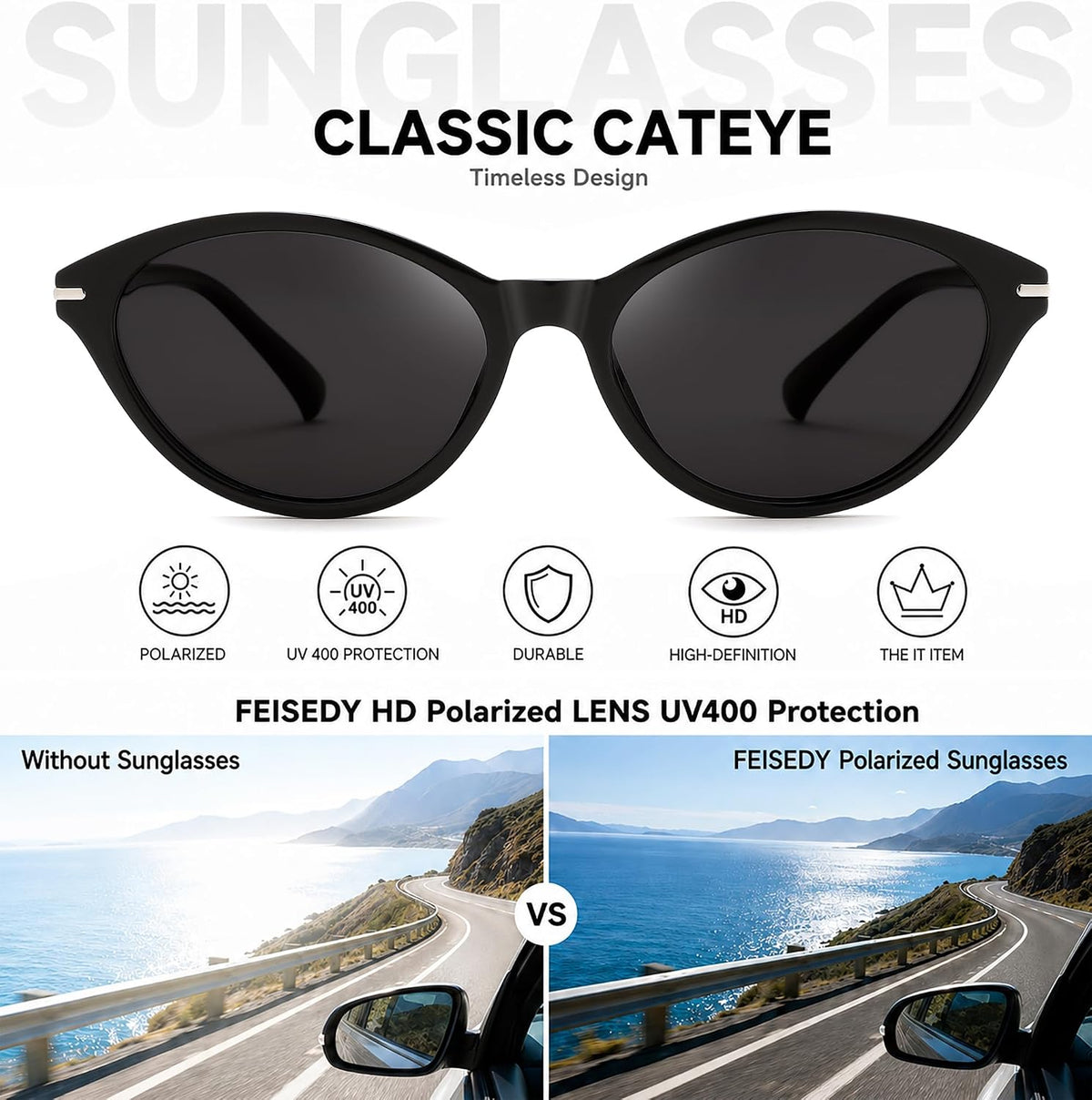 ÉÌƷͼƬ 3 | B0HBV67DG3 | FEISEDY Retro Polarized Cat Eye Sunglasses for Women Men UV400 B0466