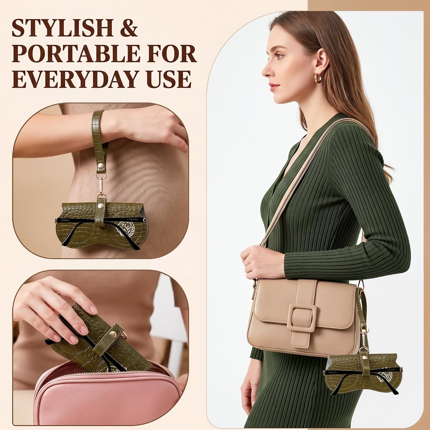 商品图片 35 | B0H4QTYMQP | FEISEDY Soft Crocodile Textured Leather Sunglass Bag, Portable Glasses Pouch With Button Clip Wrist Strap B0366