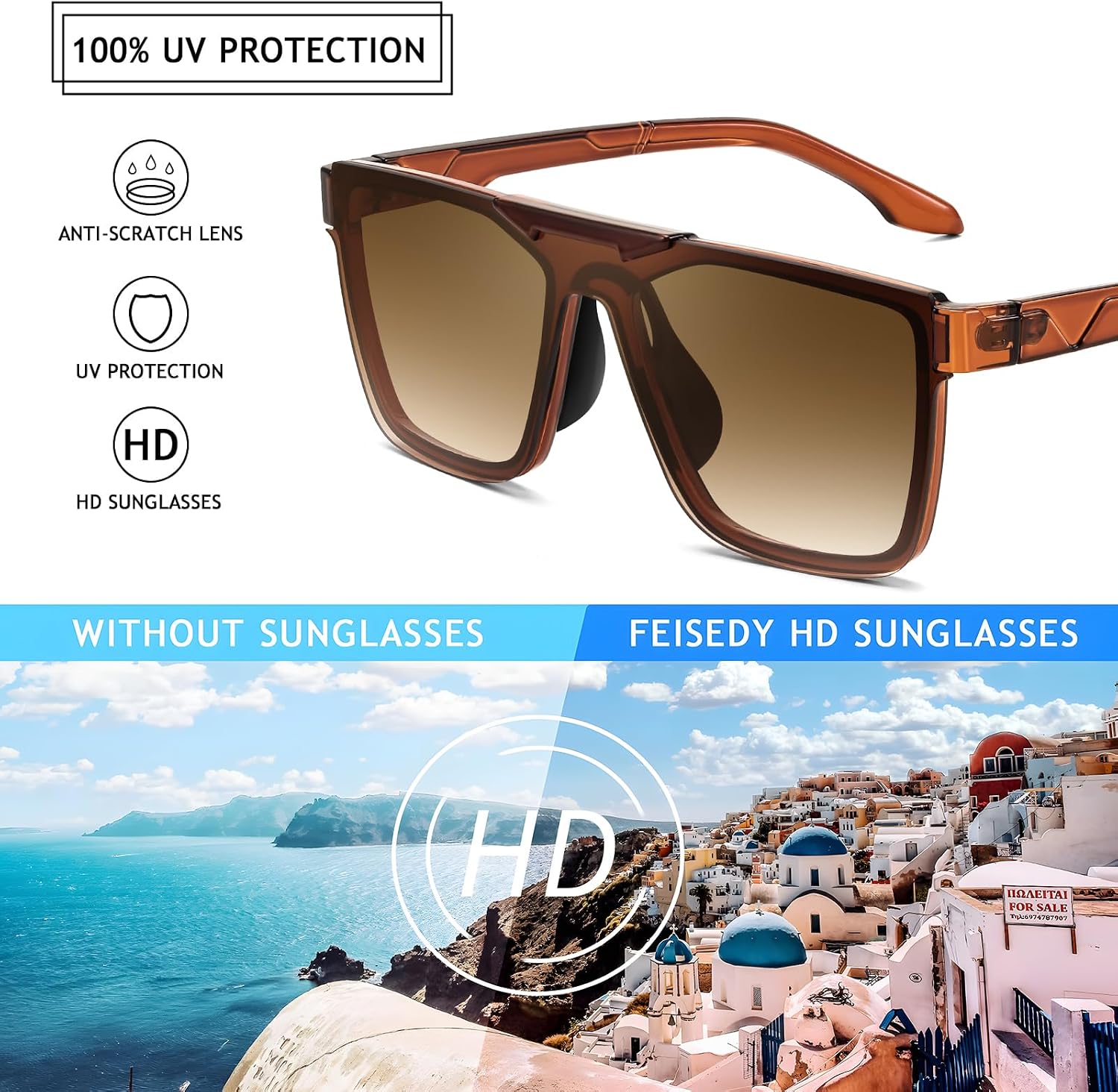 商品图片 5 | B0D9H98G6Y | FEISEDY Fashion Sunglasses Womens Men Flat Top Square Trendy Visor Shades UV400 B0211