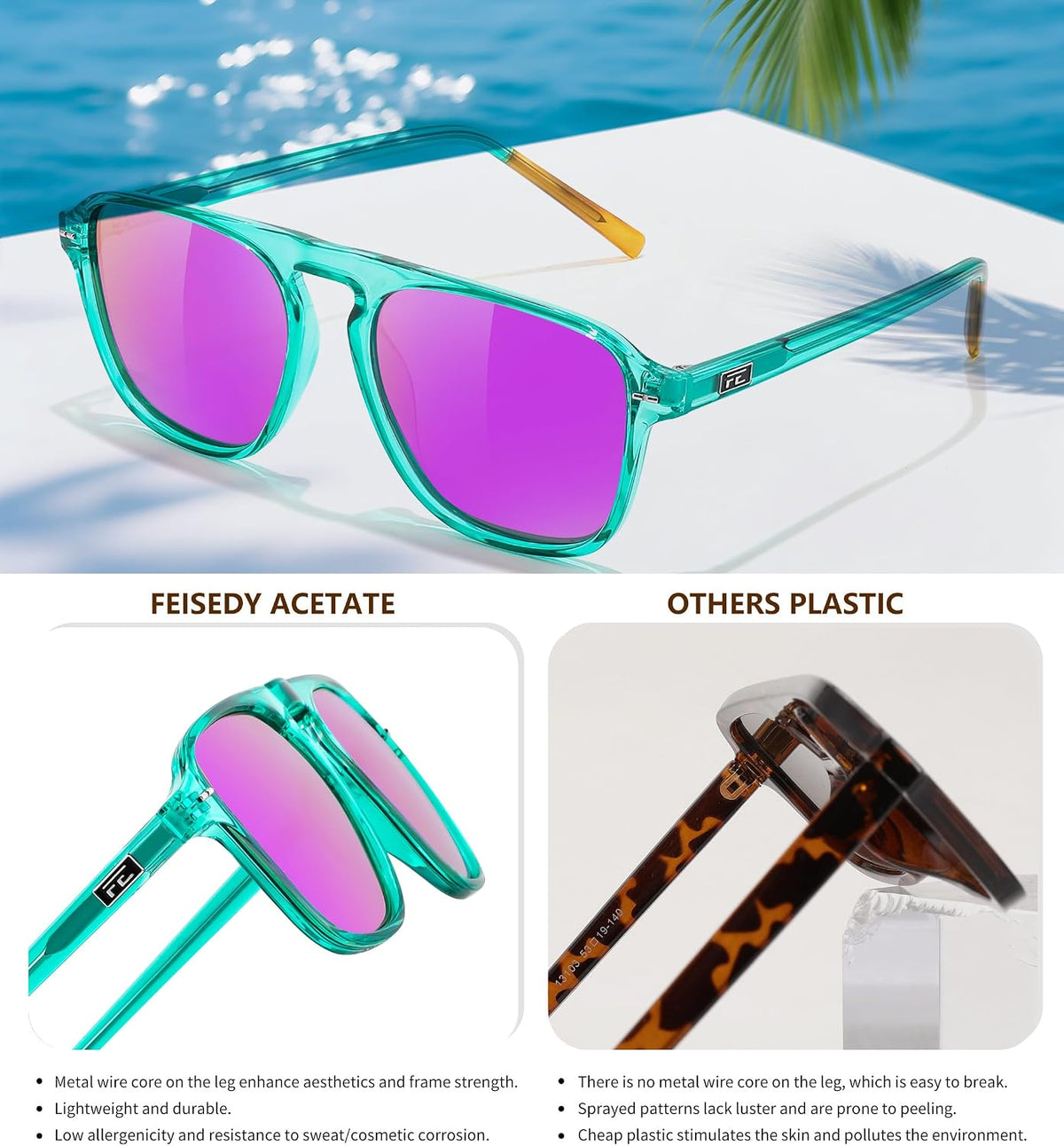 ÉÌƷͼƬ 17 | B0F4D461TF | FEISEDY Polarized Aviator Mens Sunglasses Square Modern Women Vintage Style Acetate Frame UV400 B0191