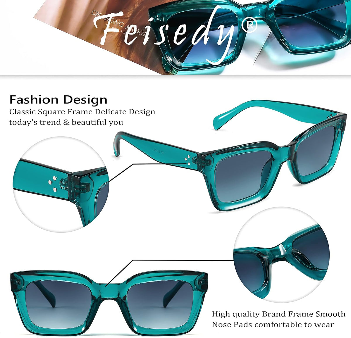 ÉÌƷͼƬ 14 | B07MNGNLNT | FEISEDY Classic Women Sunglasses Fashion Thick Square Sun Glasses B2471