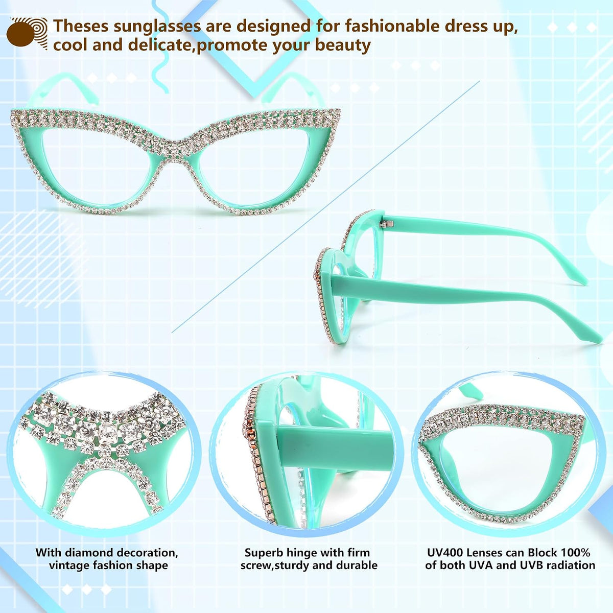 ÉÌƷͼƬ 26 | B0BLH5NHK8 | FEISEDY Diamond Blue Light Blocking Glasses Cat Eye Rhinestone Women Oversized Anti Eyestrain Computer Glasses Frame B2358