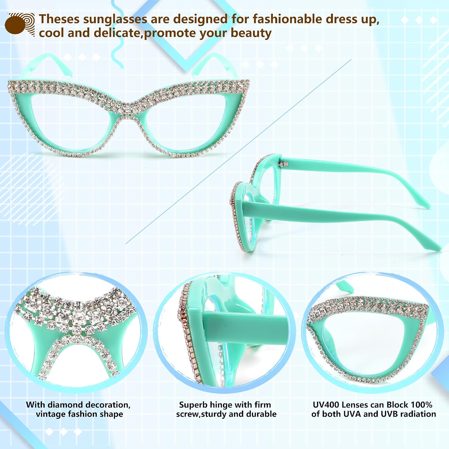 商品图片 26 | B0BLH5NHK8 | FEISEDY Diamond Blue Light Blocking Glasses Cat Eye Rhinestone Women Oversized Anti Eyestrain Computer Glasses Frame B2358