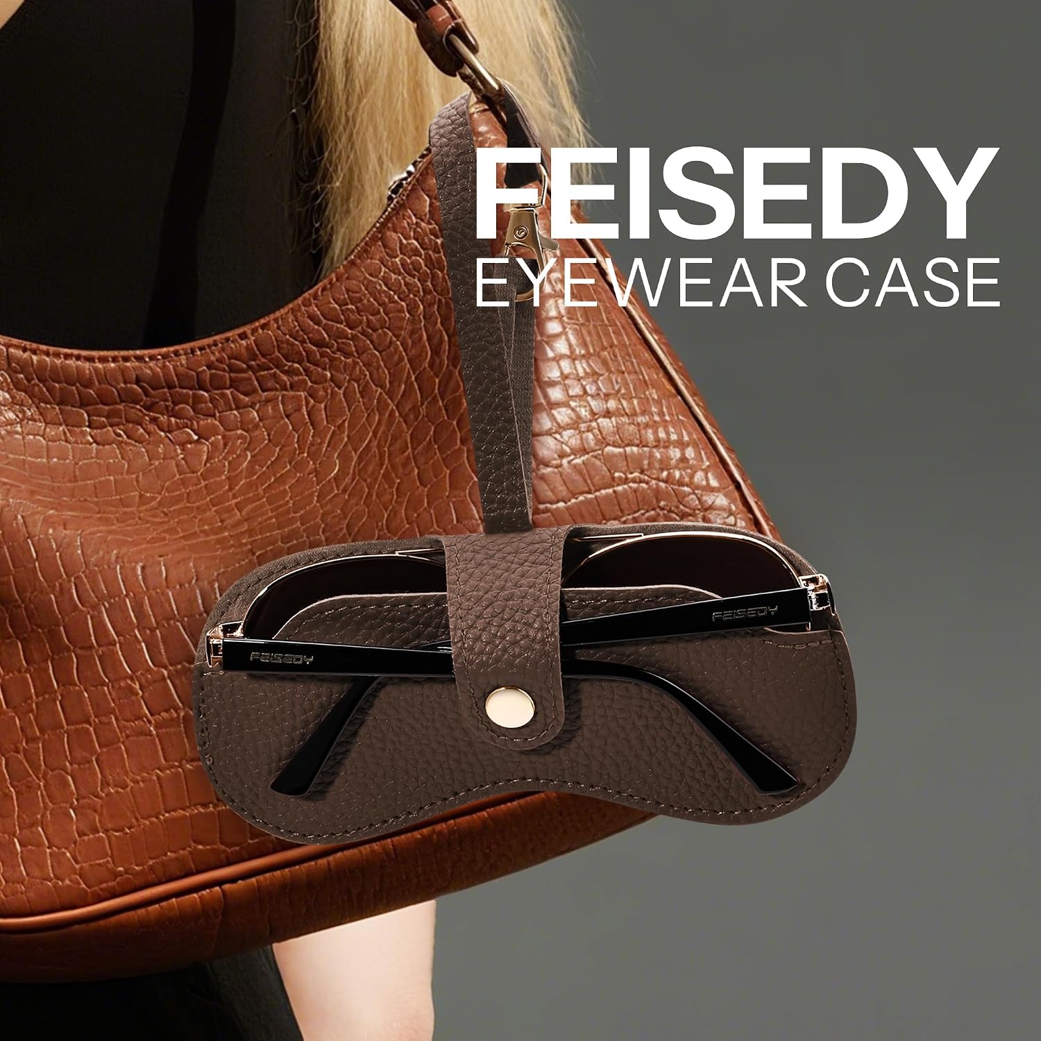 商品图片 13 | B0FMY27LR3 | FEISEDY Sunglass Case, 2Pcs Soft Leather Eyeglass Cases for Women | Slim Portable Glasses Holder, with Button-Closure Wrist Strap for Travel & Outdoor B0308