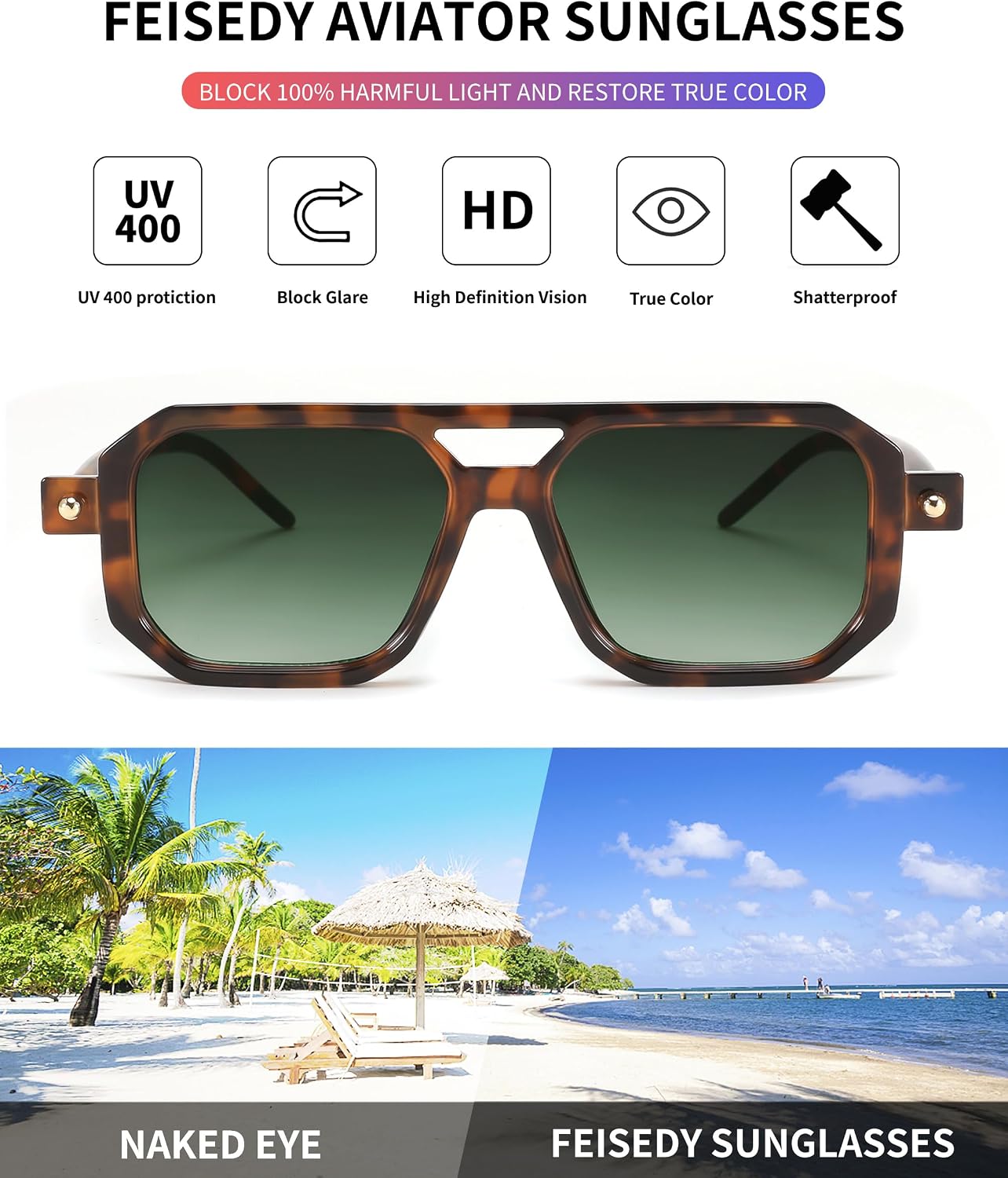 商品图片 200 | B09YTJ4FQZ | FEISEDY Vintage Square 70s Flat Aviator Sunglasses Women Men Classic Retro Stylish Frame UV400 Sunglasses B2622