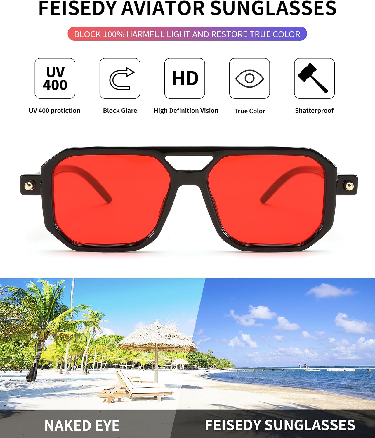 商品图片 194 | B09YTJ4FQZ | FEISEDY Vintage Square 70s Flat Aviator Sunglasses Women Men Classic Retro Stylish Frame UV400 Sunglasses B2622
