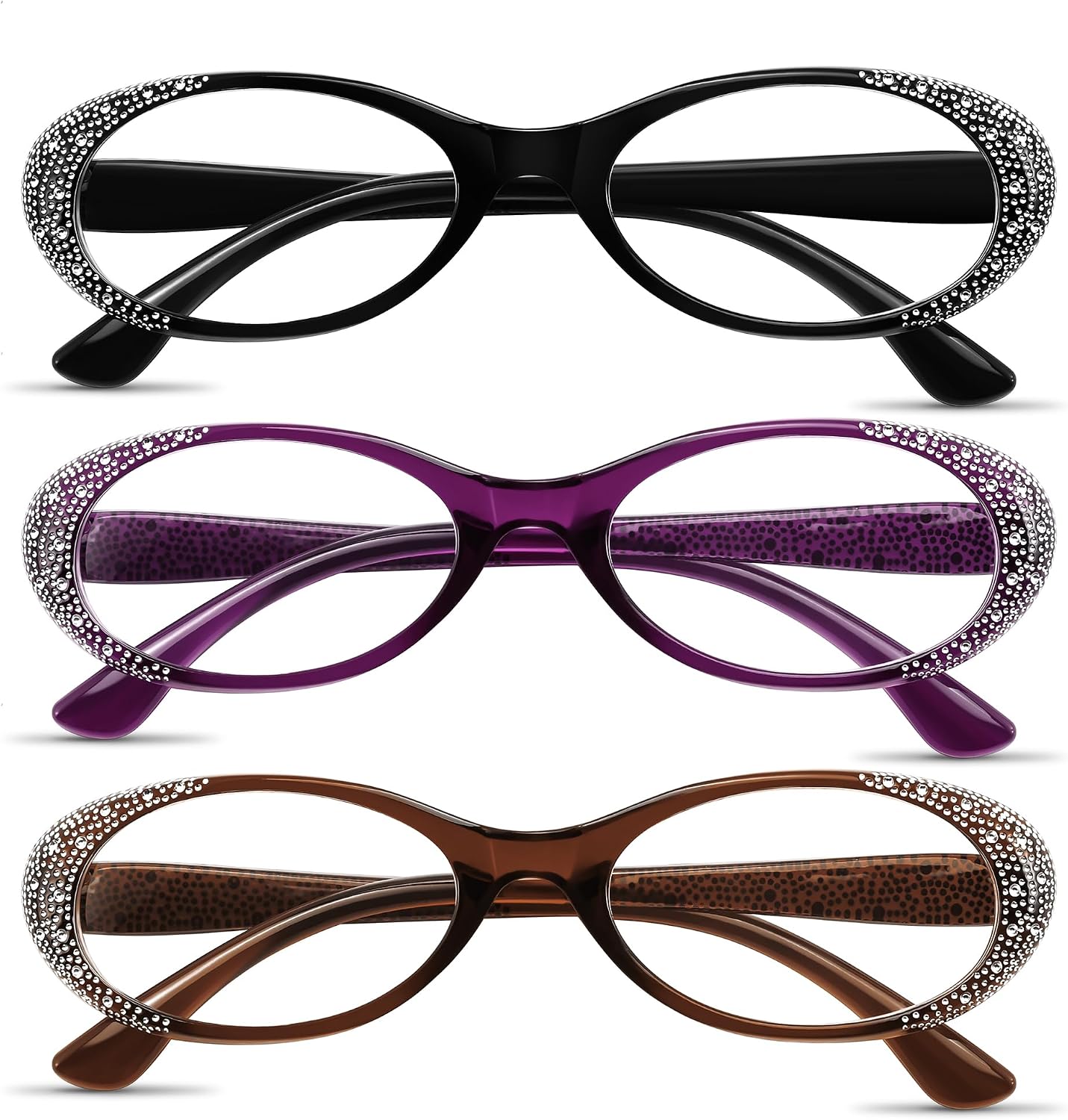 Purple+black+brown / 2.5 x | B0GQGH2F9W | FEISEDY 3 Pack Oval Reading Glasses Women Blue Light with Rhinestone B0375