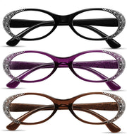 Purple+black+brown / 2.5 x | B0GQGH2F9W | FEISEDY 3 Pack Oval Reading Glasses Women Blue Light with Rhinestone B0375