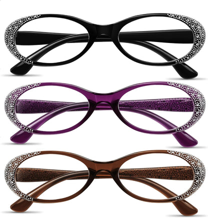 Purple+black+brown / 2.5 x | B0GQGH2F9W | FEISEDY 3 Pack Oval Reading Glasses Women Blue Light with Rhinestone B0375