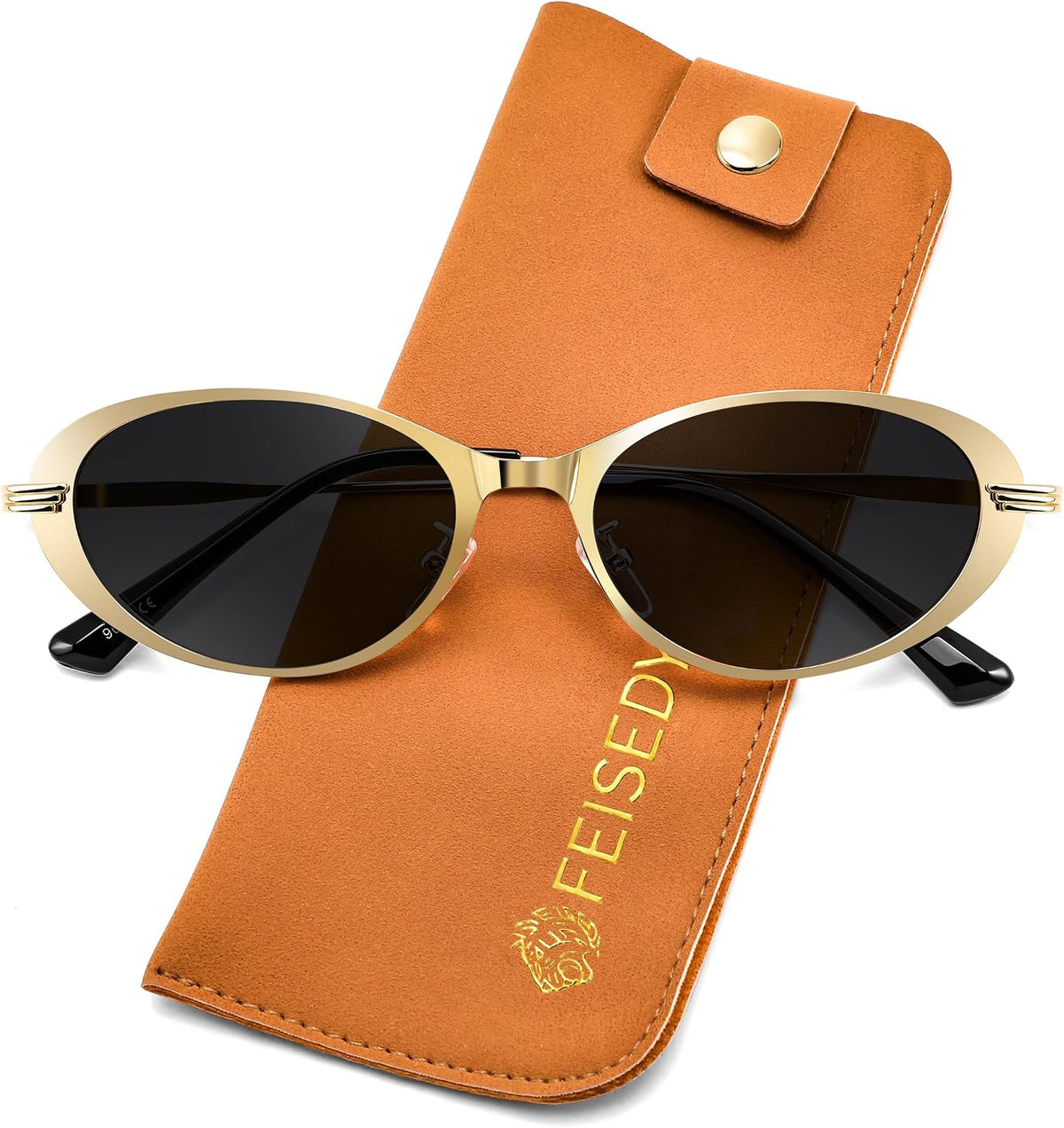 Gold Frame + Grey Lens / 52 Millimeters | B0GVDPZTQ3 | FEISEDY Metal Oval Sunglasses UV400 Protection for Women and Men B0429