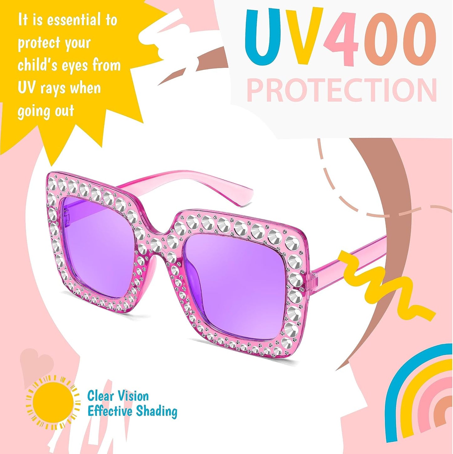 商品图片 12 | B0CFHLB4YT | FEISEDY Kids Sunglasses for Girls Oversized Square Sparkling Party Sun Glasses Lightweight Fashion Shades B0053