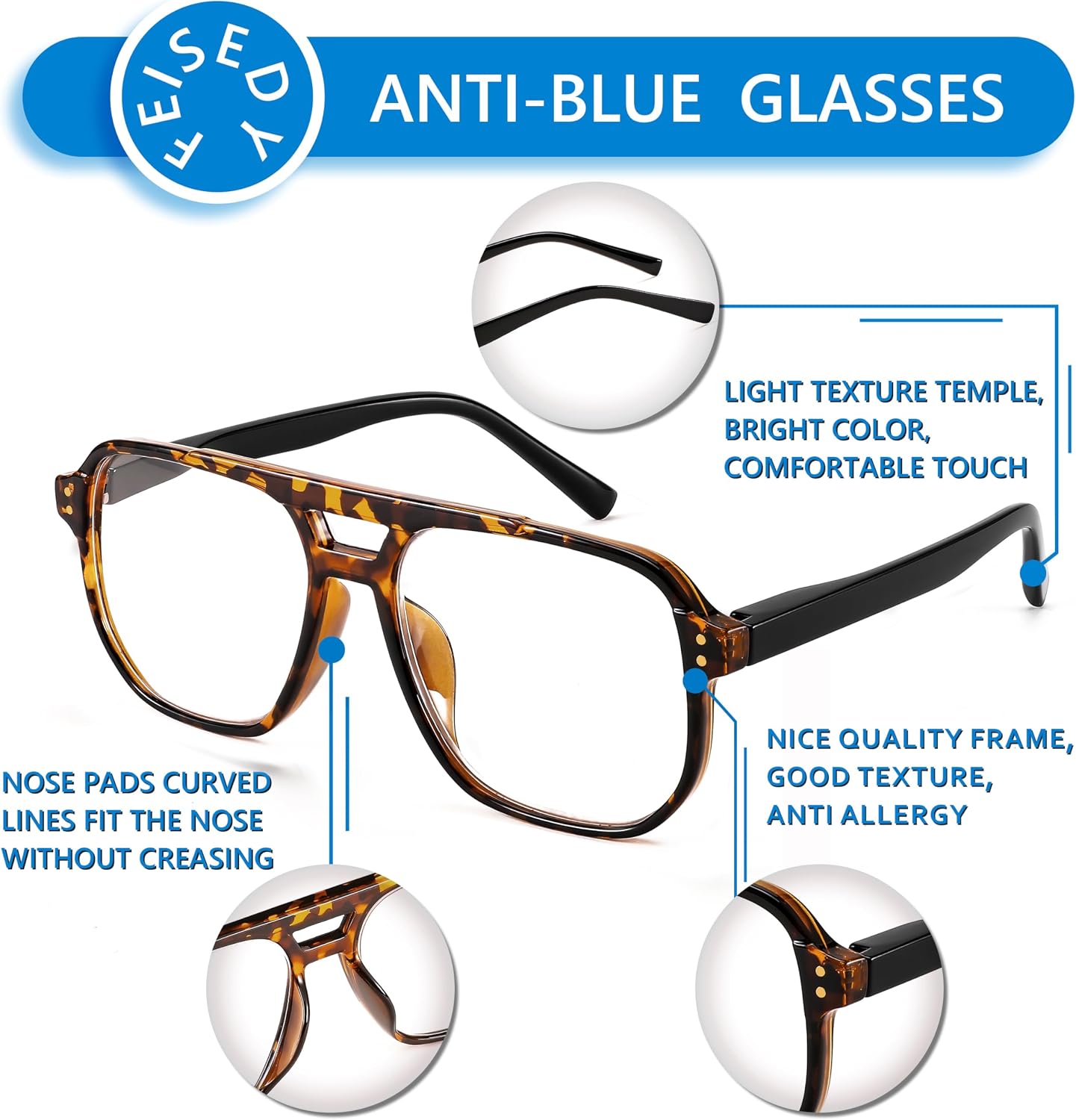 商品图片 21 | B0CHJST8ZK | FEISEDY Retro Aviator Reading Glasses Women Men Blue Light Blocking Reader Plastic Lightweight Frame B0071