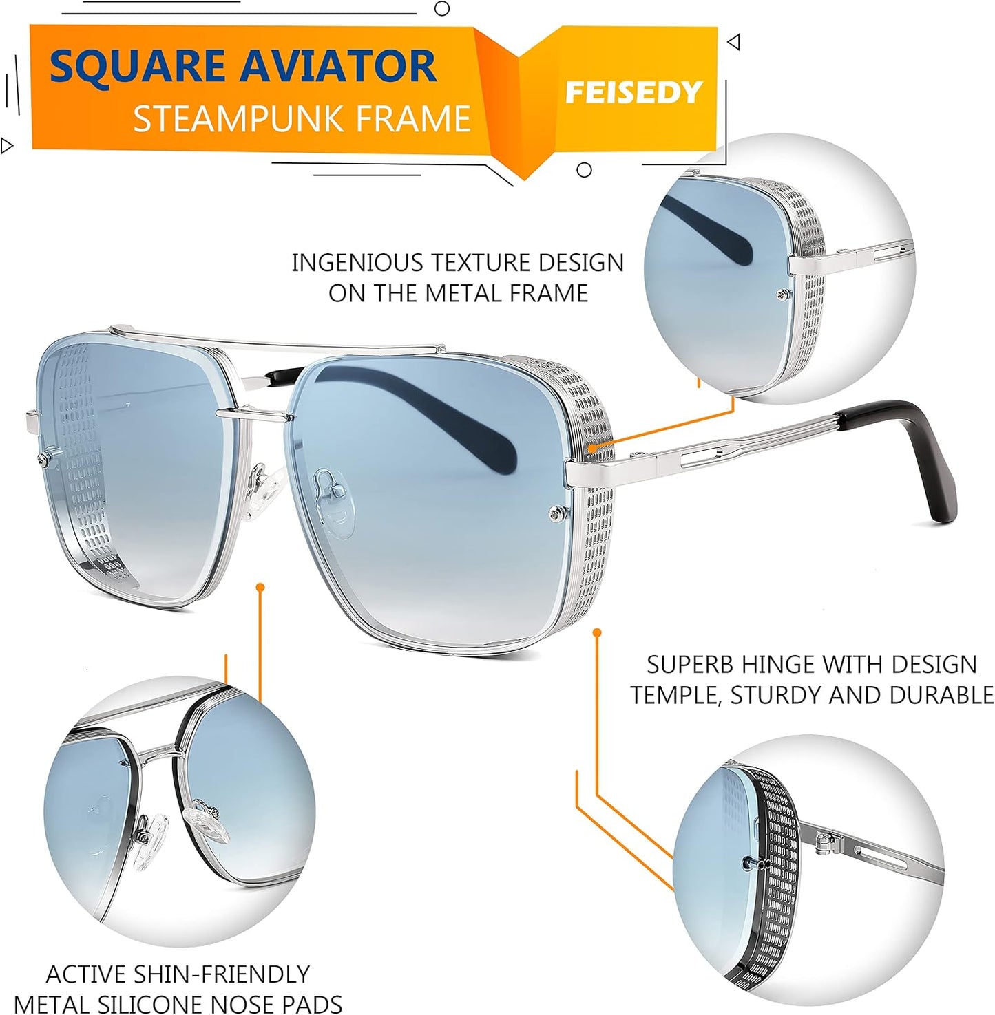 商品图片 23 | B09SDC5BD5 | FEISEDY Sunglasses Mens Women Vintage Pilot Square Trendy Metal Steampunk Fishing Driving Sun Glasses B2894
