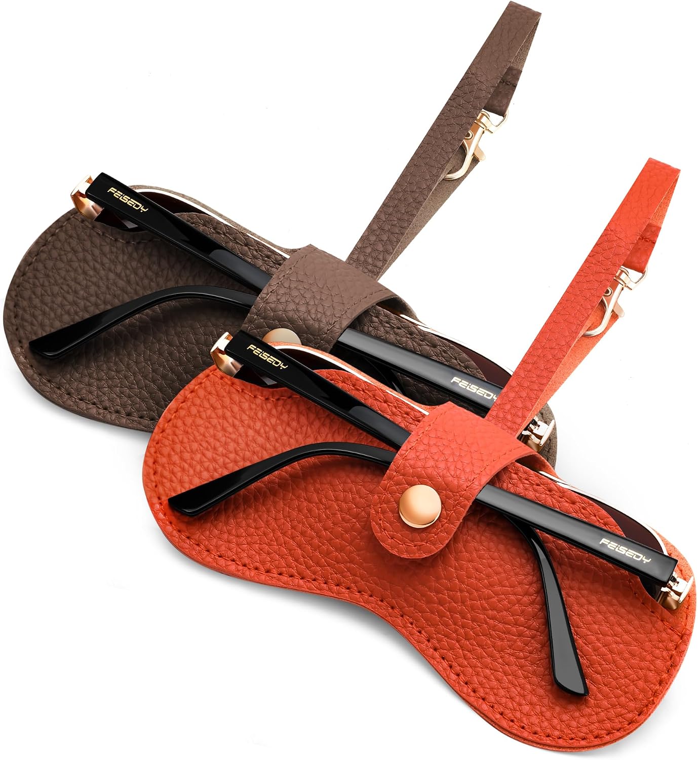 FEISEDY Sunglass Case, 2Pcs Soft Leather Eyeglass Cases for Women | Slim Portable Glasses Holder, with Button-Closure Wrist Strap for Travel & Outdoor B0308 | RED Series - Orange+Khaki