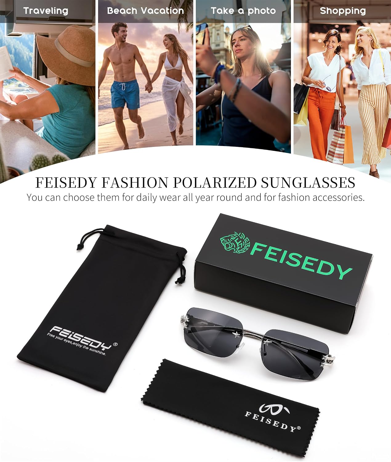 商品图片 7 | B0GX6FSM23 | FEISEDY Retro Rimless Rectangle Y2K Tinted Sunglasses for Women Men B0423
