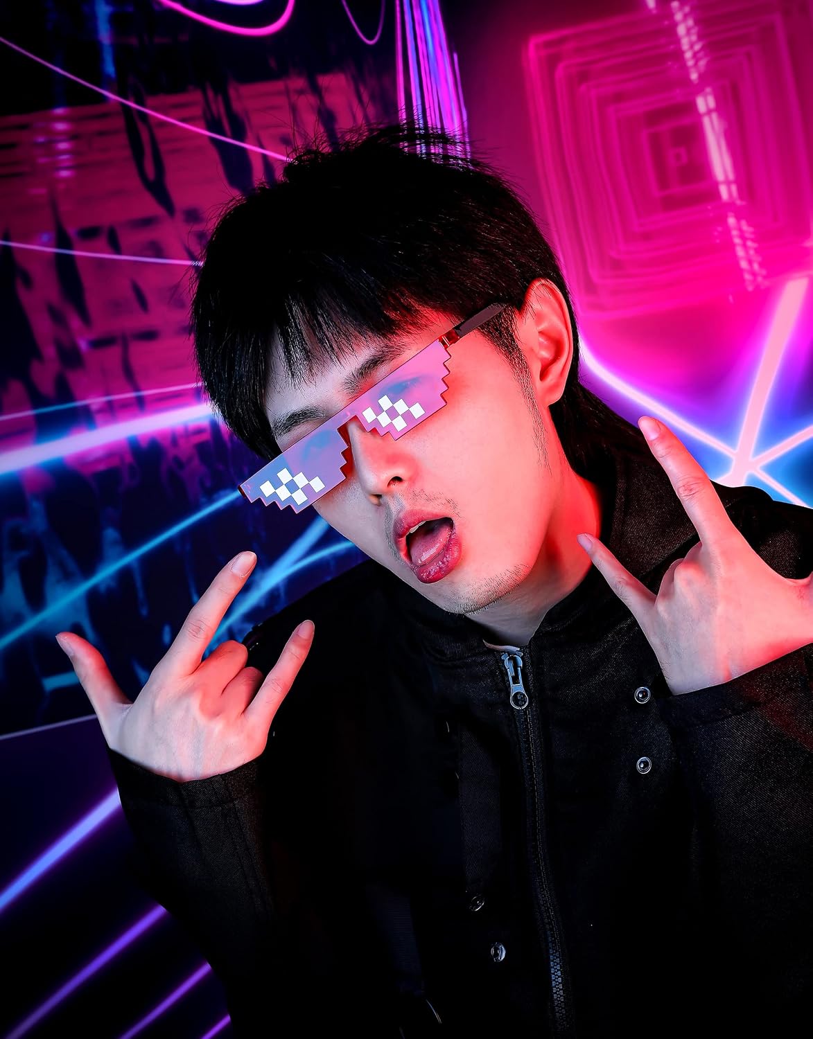 商品图片 12 | B09SCSCKL3 | FEISEDY 2PACK Thug Life Sunglasses Funny Pixelated Mosaic Gamer Glasses Party Disco Cool B2876-F2
