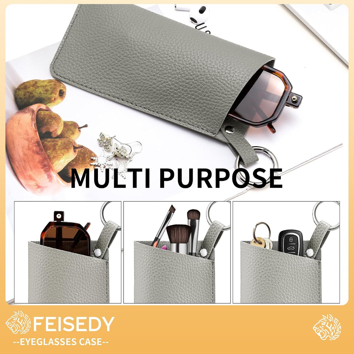 ÉÌƷͼƬ 21 | B0FKBLV8J9 | FEISEDY 2Pack Portable Glasses Case with Clip Hook, Soft Leather Eyeglass case Bag, Slim Sunglasses Pouch B0313