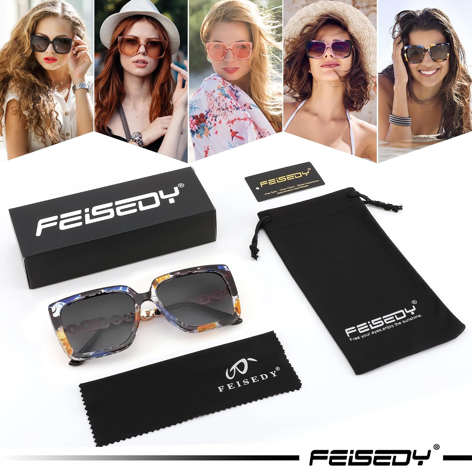 商品图片 56 | B08HVPGJW5 | FEISEDY Sunglasses Womens Trendy, Oversized Square Shades, Pearl Inlay Cat Eye Frame UV400 Protection B2625