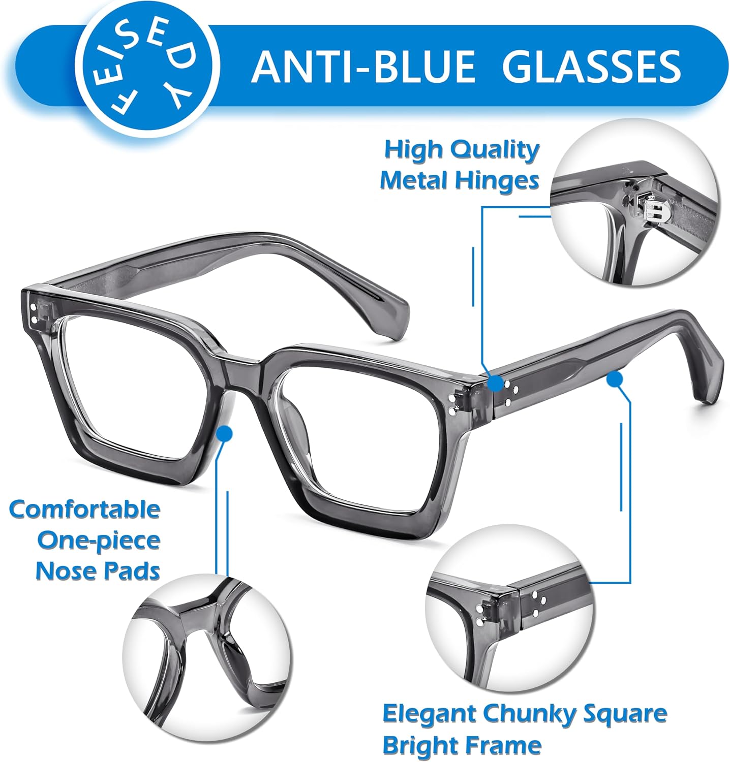 商品图片 25 | B0CWRK3FFF | FEISEDY Blue Light Blocking Glasses Women Men Chunky Square Computer Glasses B0101
