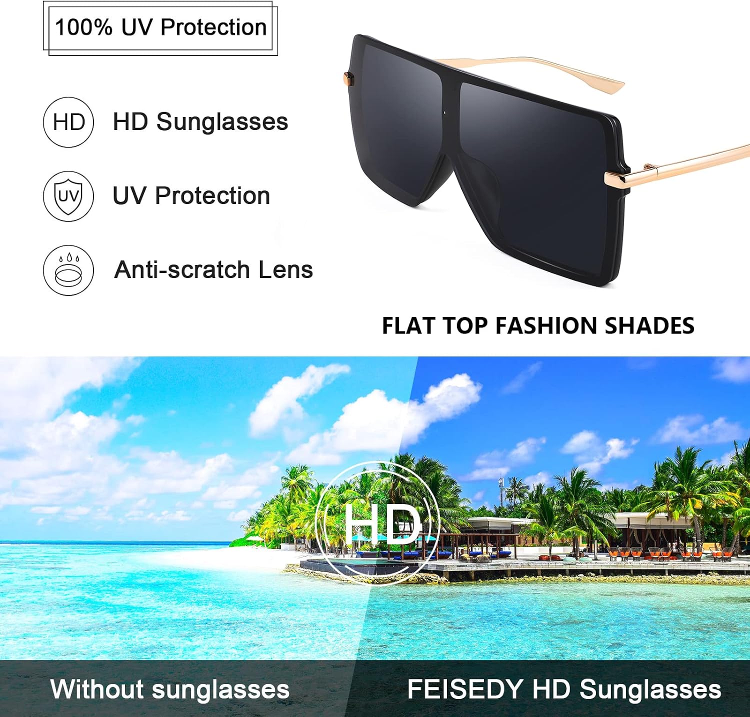 商品图片 12 | B097CVFDZT | FEISEDY Flat Top Oversized Shield Sunglasses Women Men Square Fashion Rimless Shades UV400 B2784