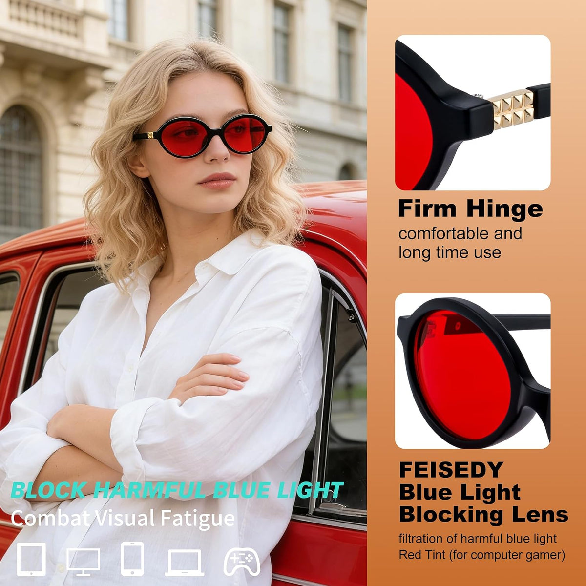 ÉÌƷͼƬ 9 | B0GRTTF33N | FEISEDY Oval Blue Light Glasses for Women Men, Red Lens Anti-Blue Light, Fashion Computer Gaming Eyeglasses B0415