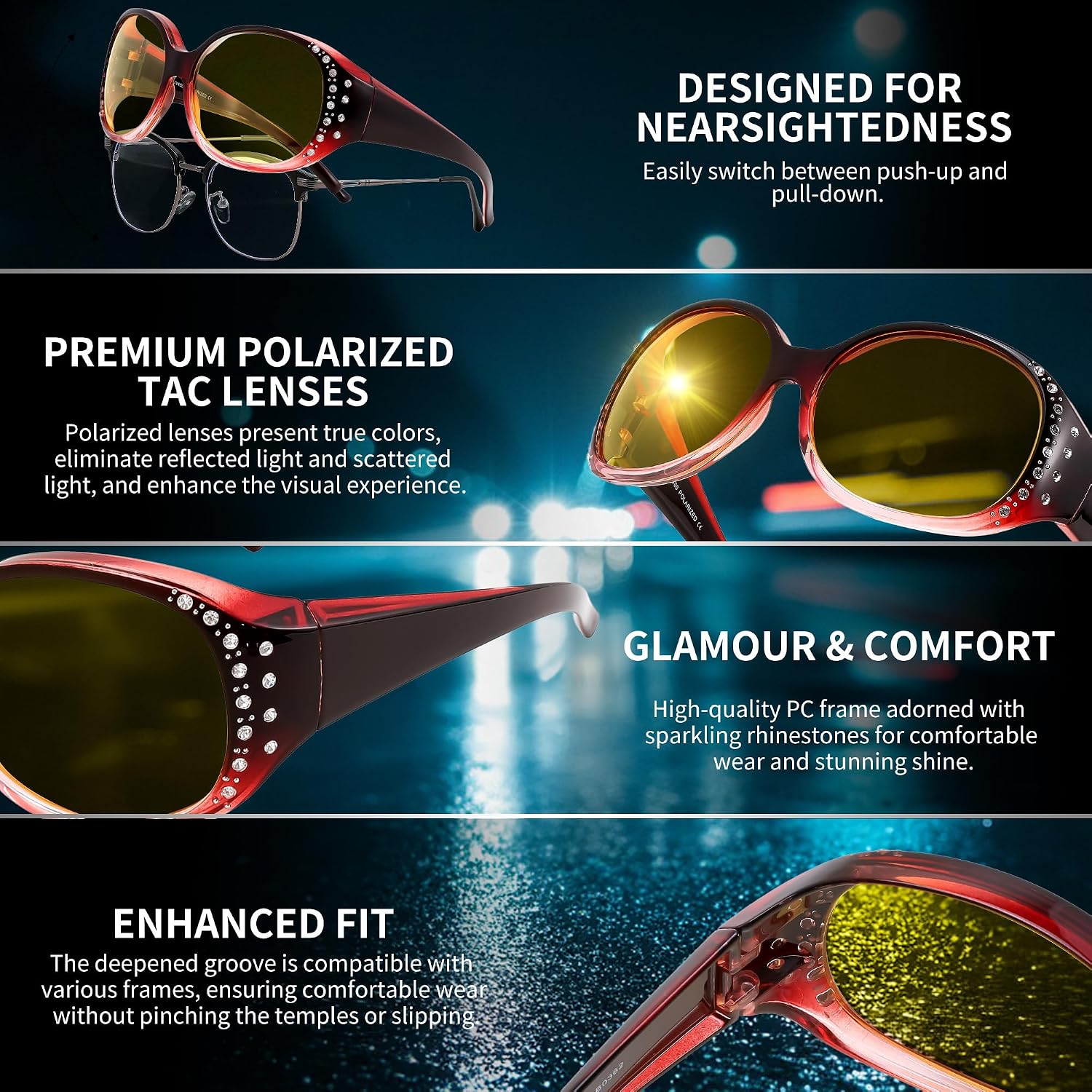 商品图片 49 | B0GRVLVZYS | FEISEDY Women's Polarized Wrap-Around Fit Over Sunglasses with Rhinestones, Anti-Glare Driving Sun Glasses B0362