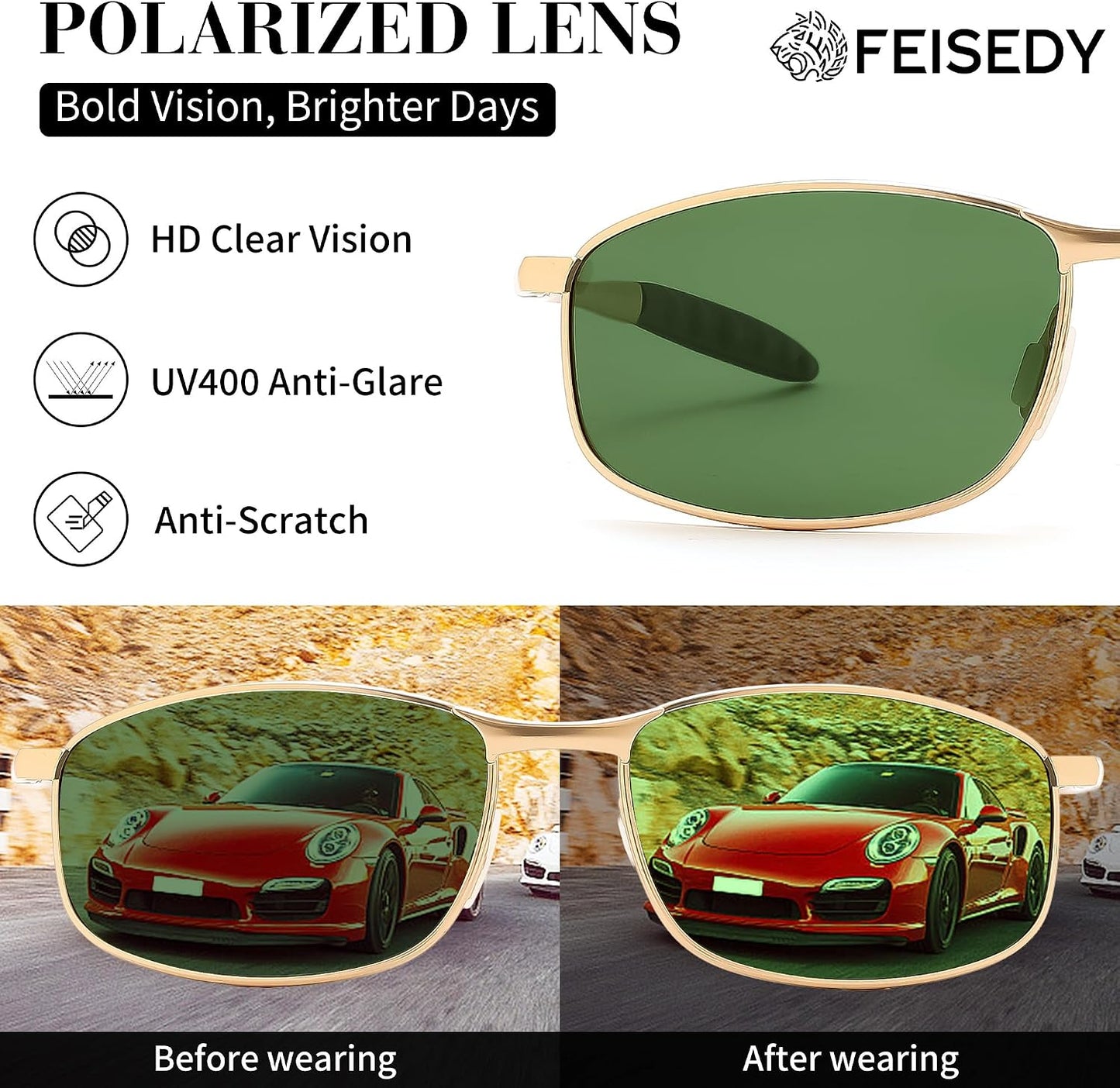 商品图片 12 | B07GSRV2H5 | FEISEDY Rectangle Polarized Square Sunglasses for Men Women B2444
