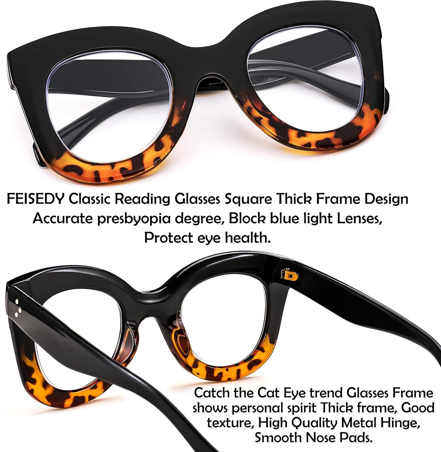 商品图片 11 | B0BGXNJFW2 | FEISEDY Retro Oversized Blue Light Blocking Reading Glasses Thick Frame Anti Glare Digital Eyestrain Readers B2980