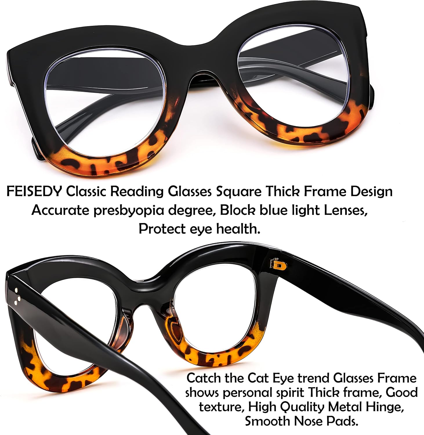 商品图片 11 | B0BGXNJFW2 | FEISEDY Retro Oversized Blue Light Blocking Reading Glasses Thick Frame Anti Glare Digital Eyestrain Readers B2980