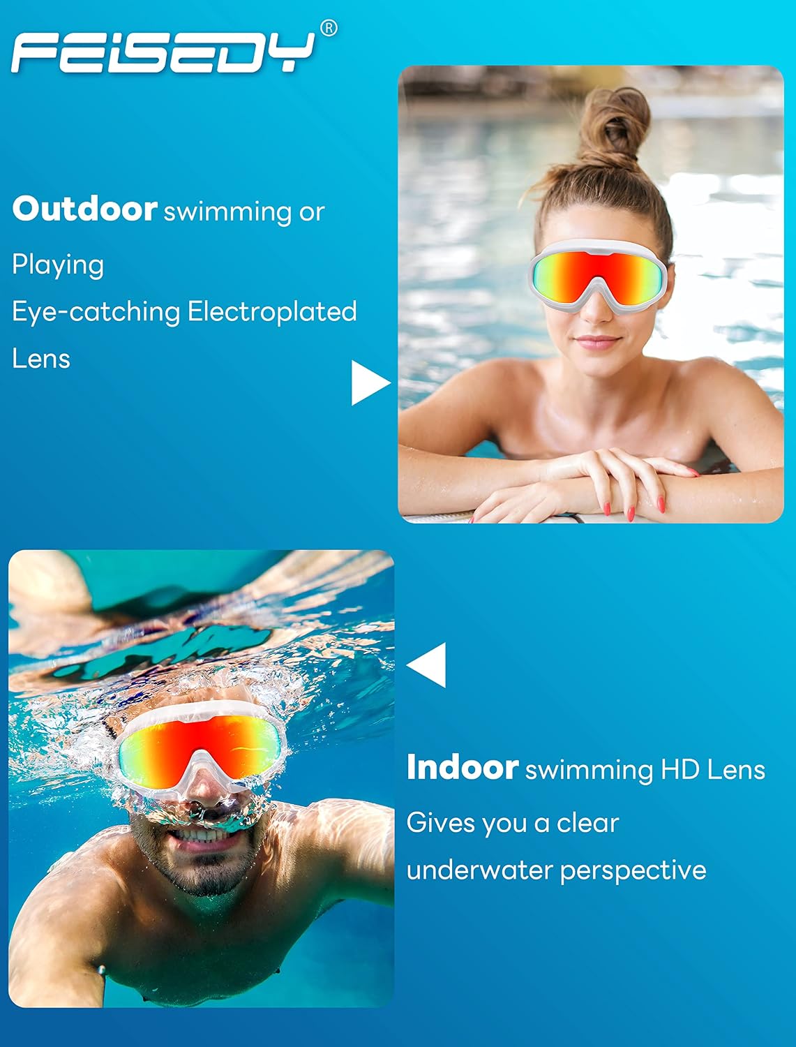 商品图片 16 | B0BWF3RZK7 | FEISEDY Swim Goggles No Leaking Anti-Fog Pool Goggles Swimming Goggles Adult Men Women Youth, 180° Clear Vision UV400 B2389