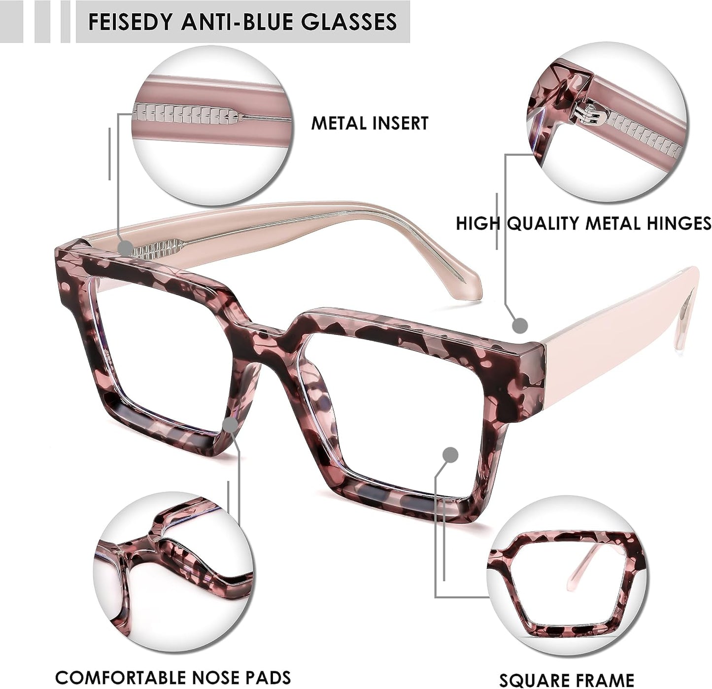 商品图片 25 | B0CDBH37B5 | FEISEDY Oversized Blue Light Glasses for Women Men TR90 Retro Square Anti Eyestrain Glasses Rectangle Fashion Frame B0037