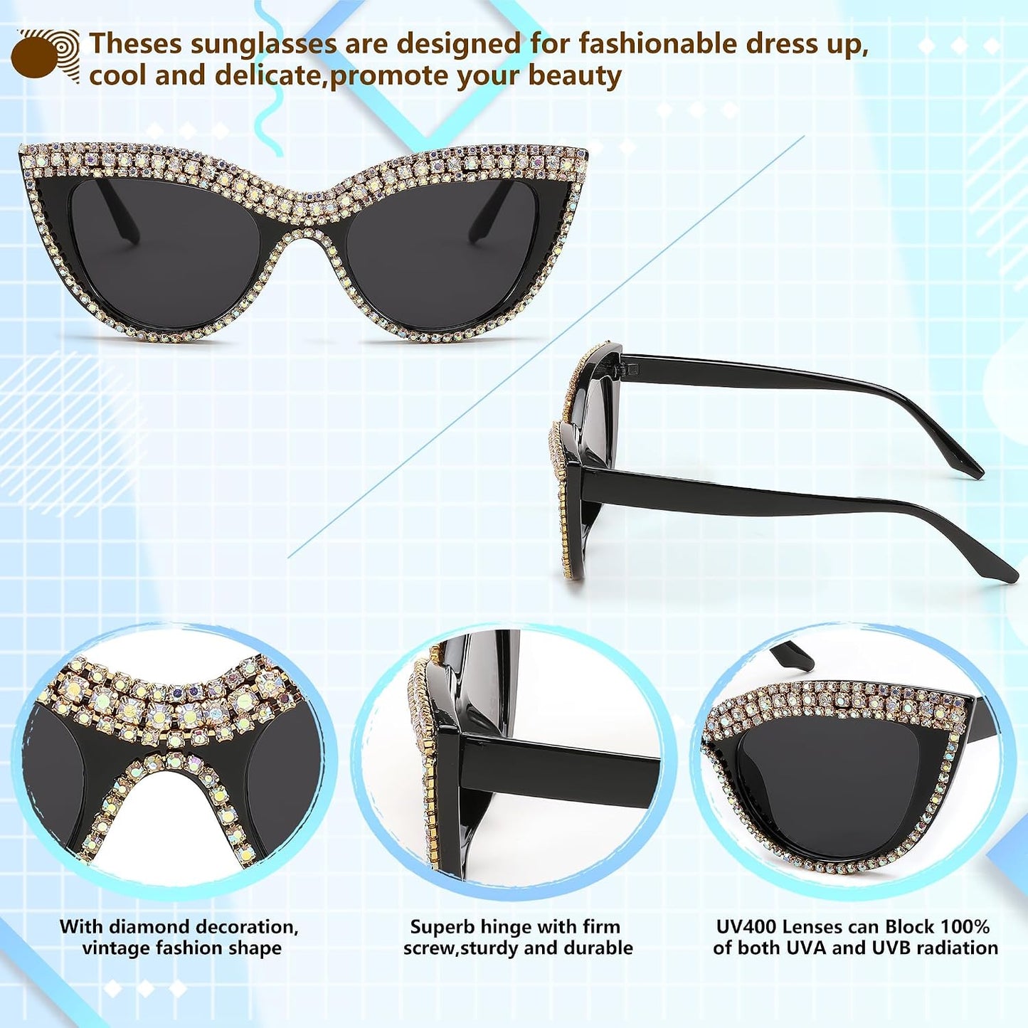 商品图片 3 | B0BZ7YMM4F | FEISEDY Oversized Women Cat Eye Rhinestone Sunglasses Costume Party B2360