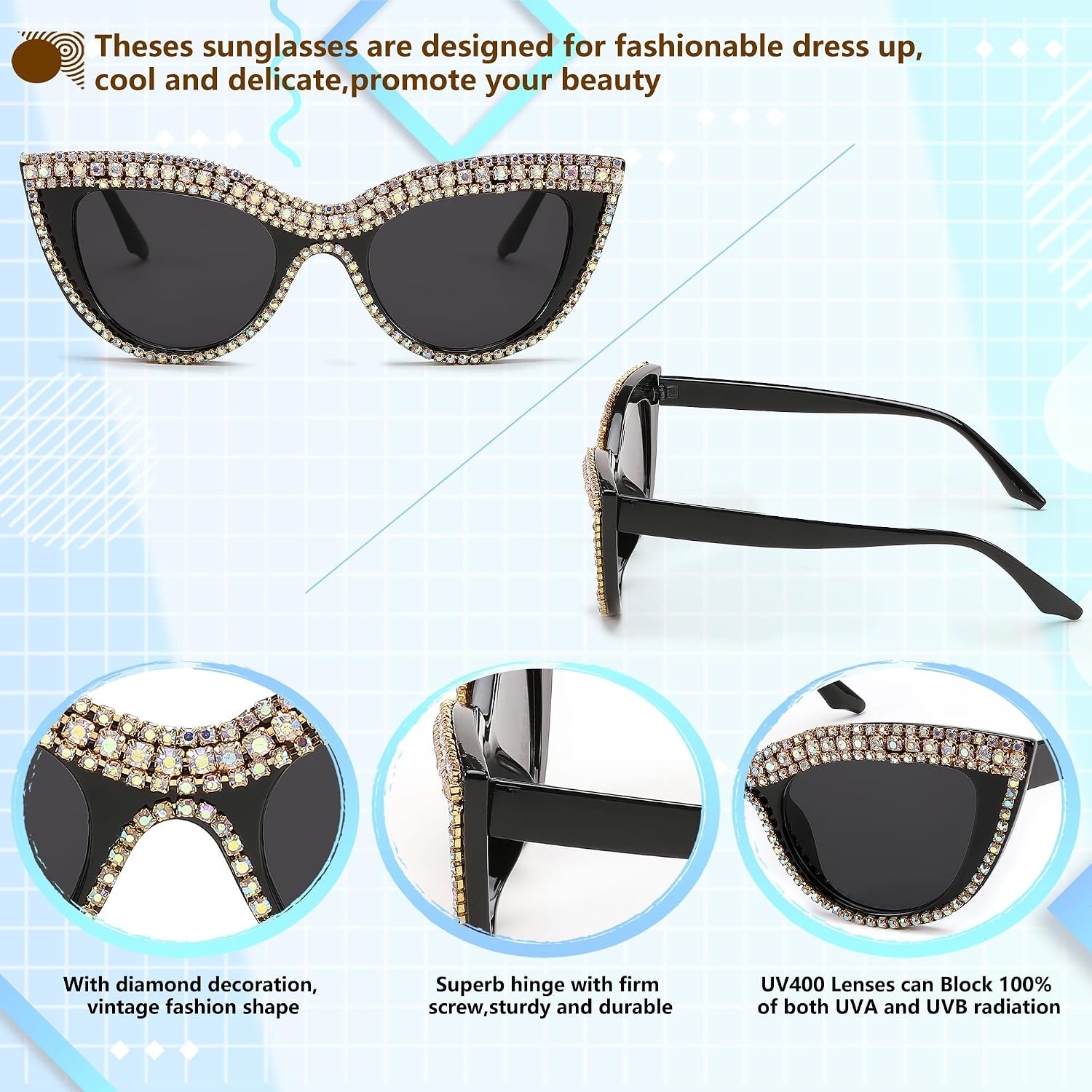商品图片 3 | B0BZ7YMM4F | FEISEDY Oversized Women Cat Eye Rhinestone Sunglasses Costume Party B2360