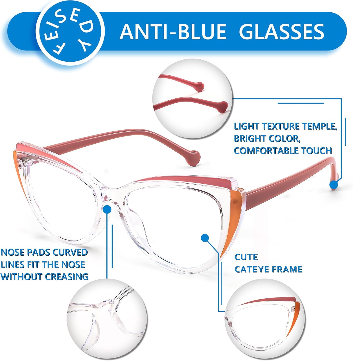 商品图片 19 | B0CGNLZQFZ | FEISEDY Women Cateye Blue Light Blocking Glasses Fake Nerd Clear Computer Eyewear TR Fashion Frame B0040