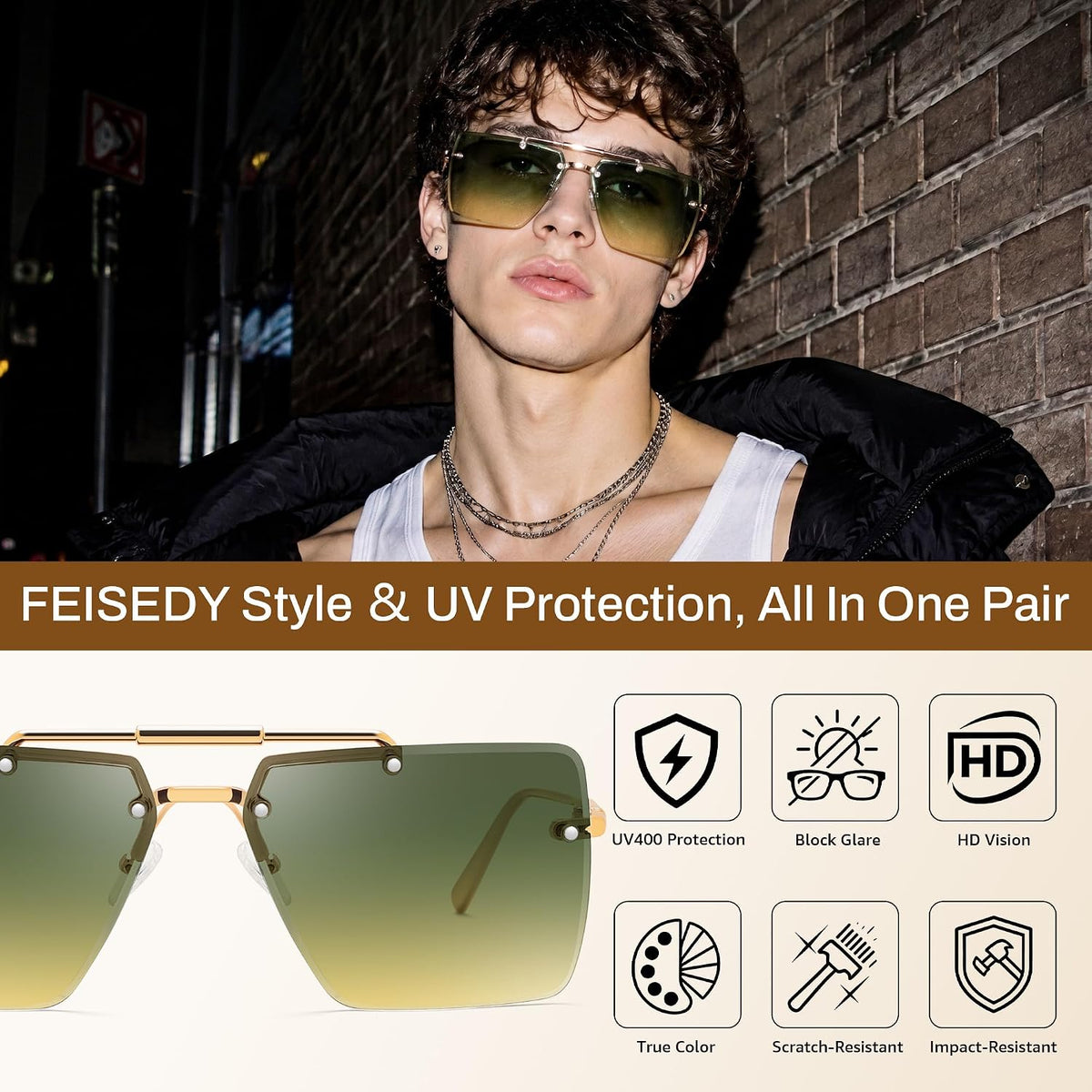 商品图片 19 | B0HFJXV98G | FEISEDY Rimless Aviator Sunglasses for Women Men Luxury UV400 Shades