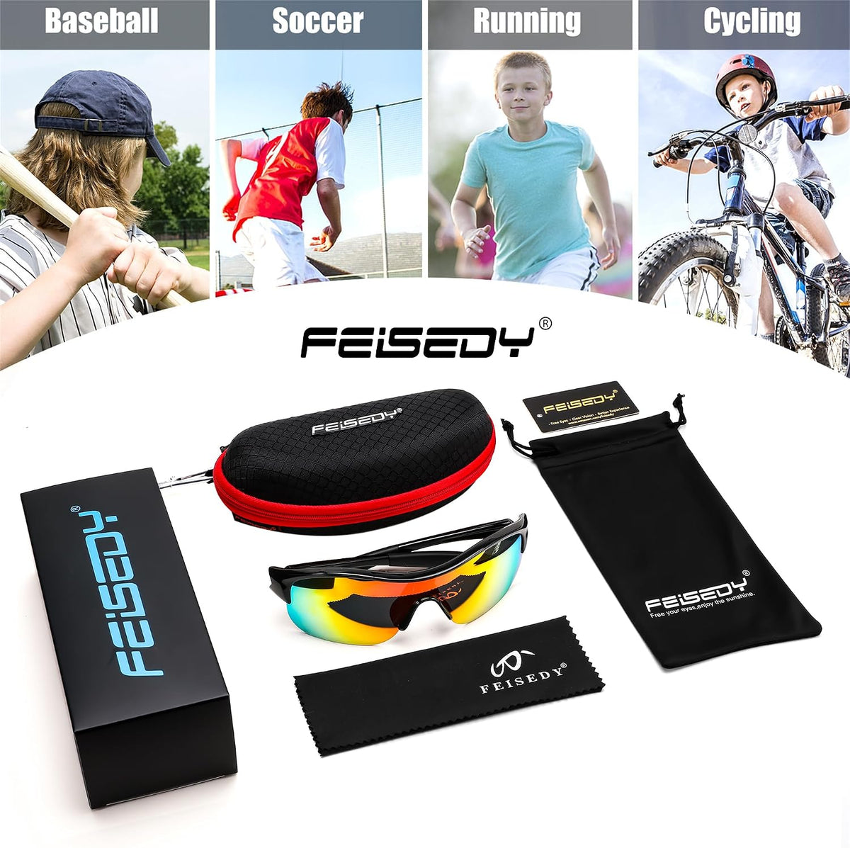 ÉÌƷͼƬ 6 | B0CZ7Y96D2 | FEISEDY Polarized Sports Sunglasses for Kids Youth Baseball Cycling Running Glasses for Boys Girls Age 3-12 B0142