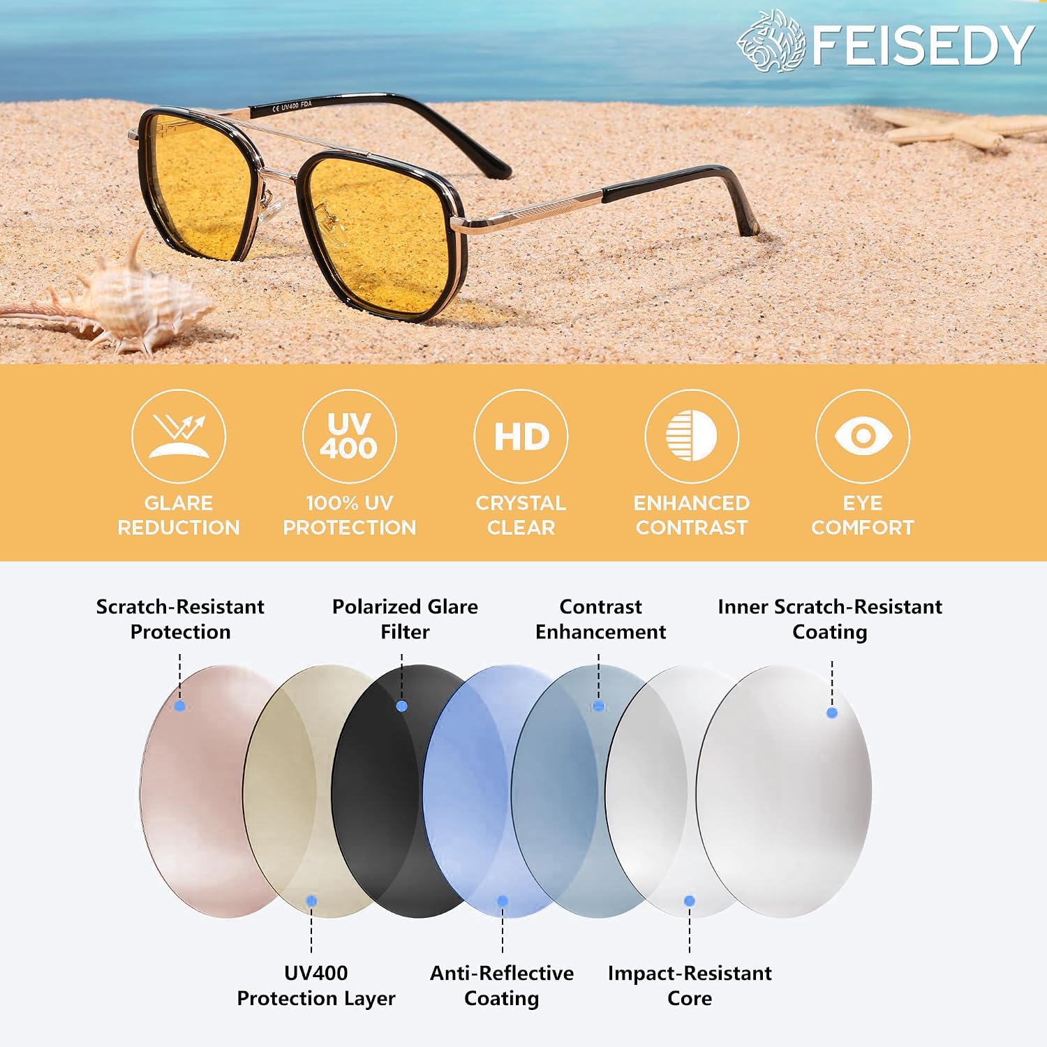 商品图片 39 | B0FQ4Y7FV6 | FEISEDY Polarized Aviator Sunglasses for Women Men Square TAC Lens B0329 | UV400 protection, Lightweight, Military-grade durability, Spring temples, Climate Pledge Friendly, Driving, Beach