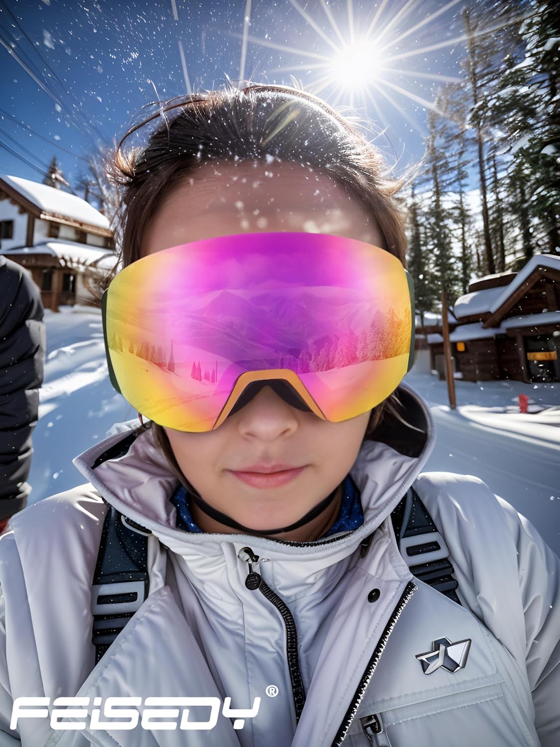 商品图片 34 | B0CD3JFB1C | FEISEDY Magnetic Ski Goggles for Men Women Youth Frameless Snow Goggles 100% UV Protection Snowboard Goggles B0020