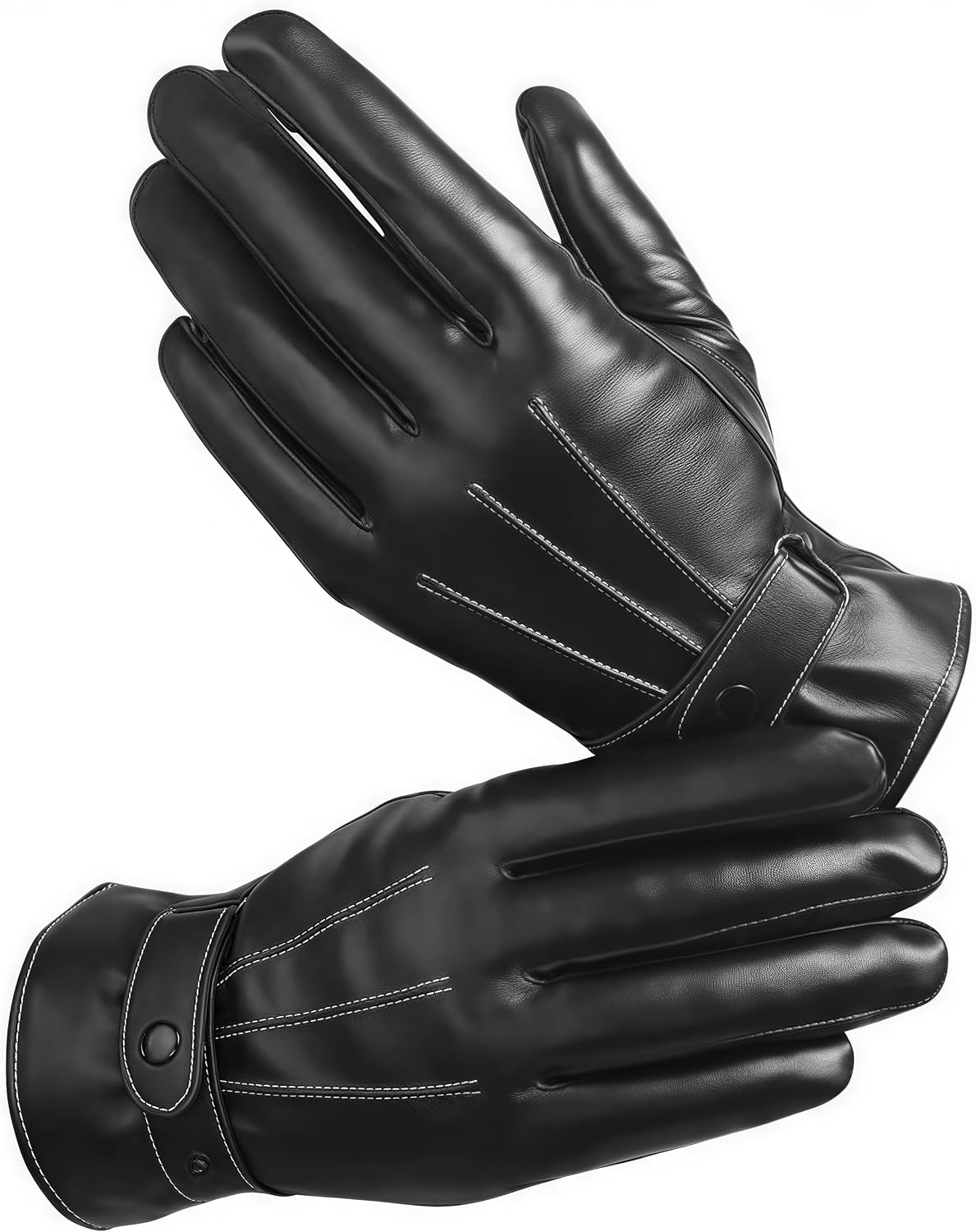 Black | B0FSRH26XR | Leather Gloves for Men Thermal Lined, Riding Driving Windproof Waterproof PU Leather Touchscreen Gloves with Wrist Strap