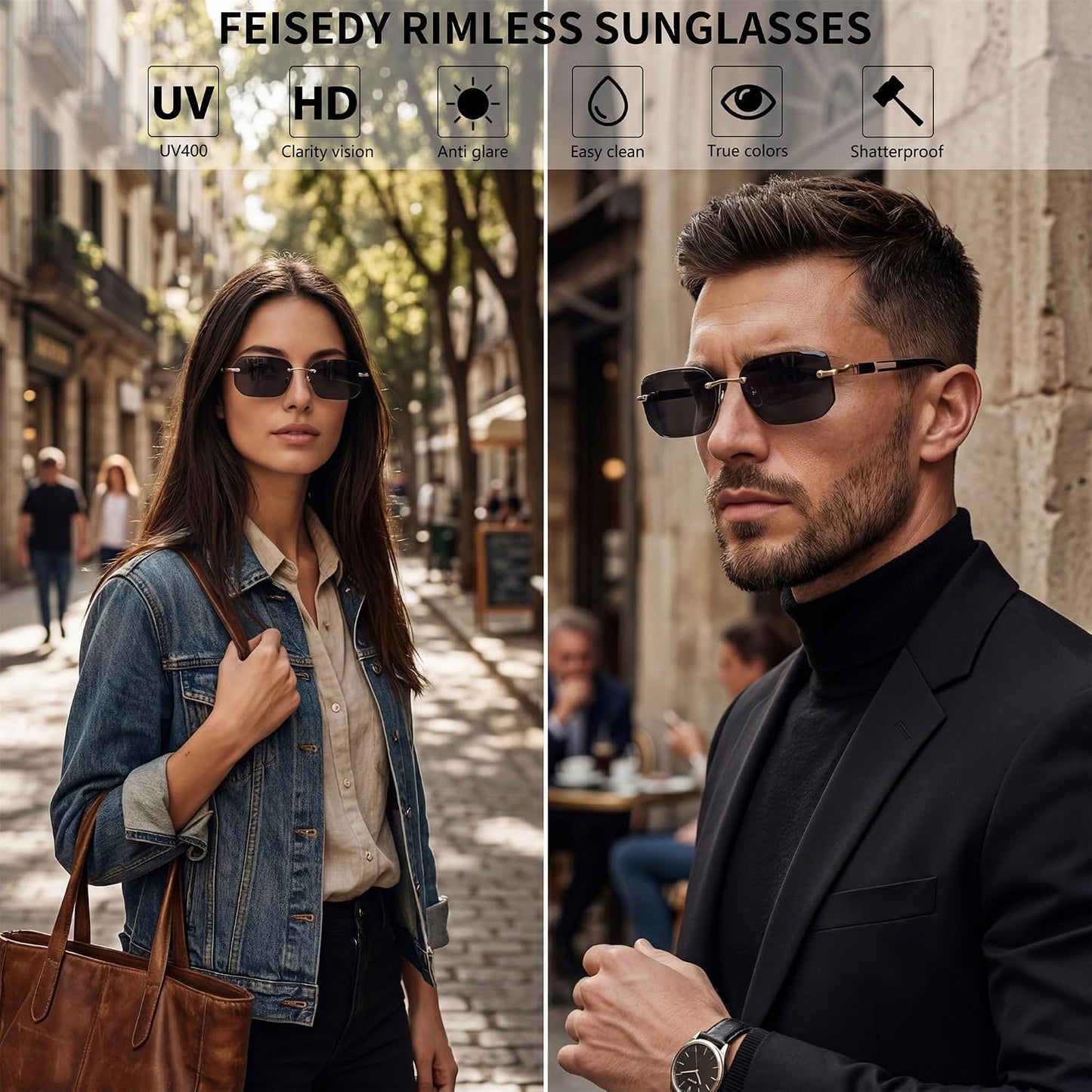 商品图片 2 | B0CY2Q4VW1 | FEISEDY Rimless Sunglasses Y2K Retro Small Narrow Rectangle Shades B2643