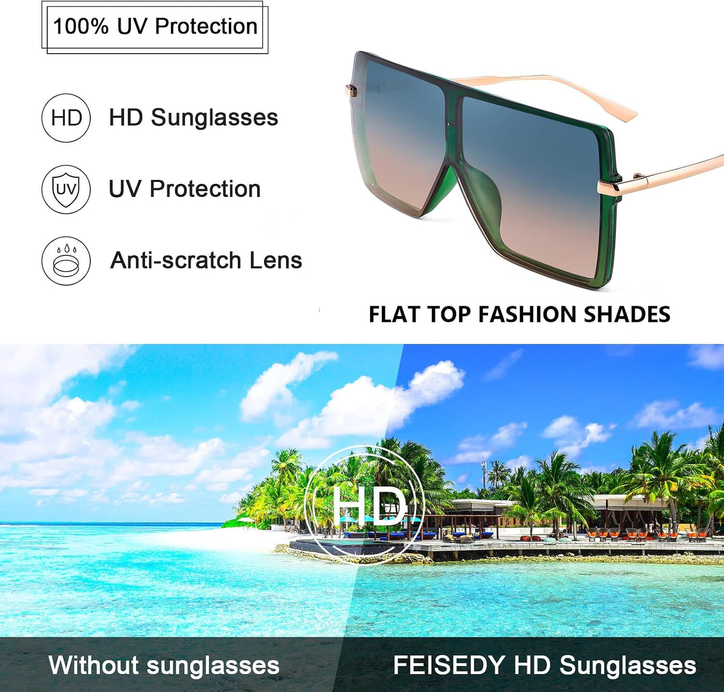 商品图片 19 | B097CVFDZT | FEISEDY Flat Top Oversized Shield Sunglasses Women Men Square Fashion Rimless Shades UV400 B2784