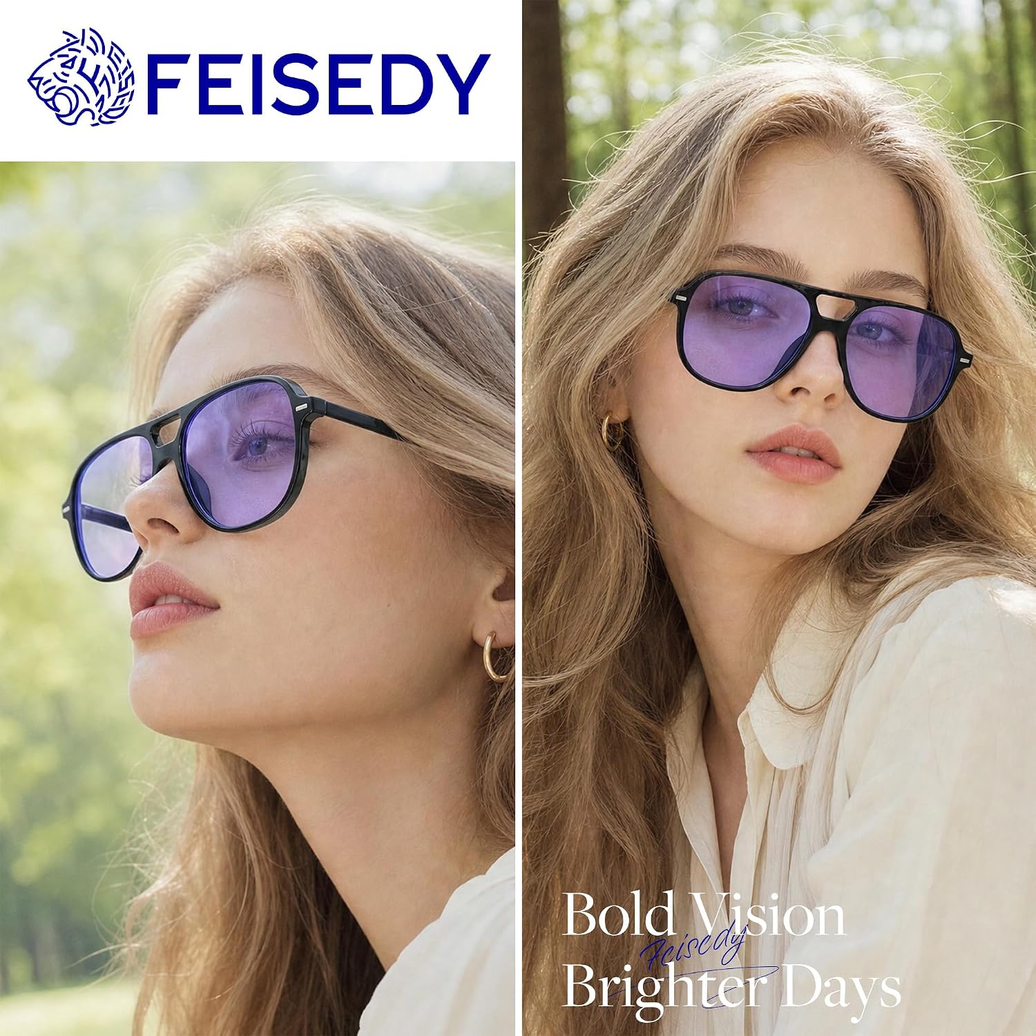 商品图片 29 | B0H1WCGC42 | FEISEDY Retro Square Aviator Sunglasses Women Men Double Bridge B0443