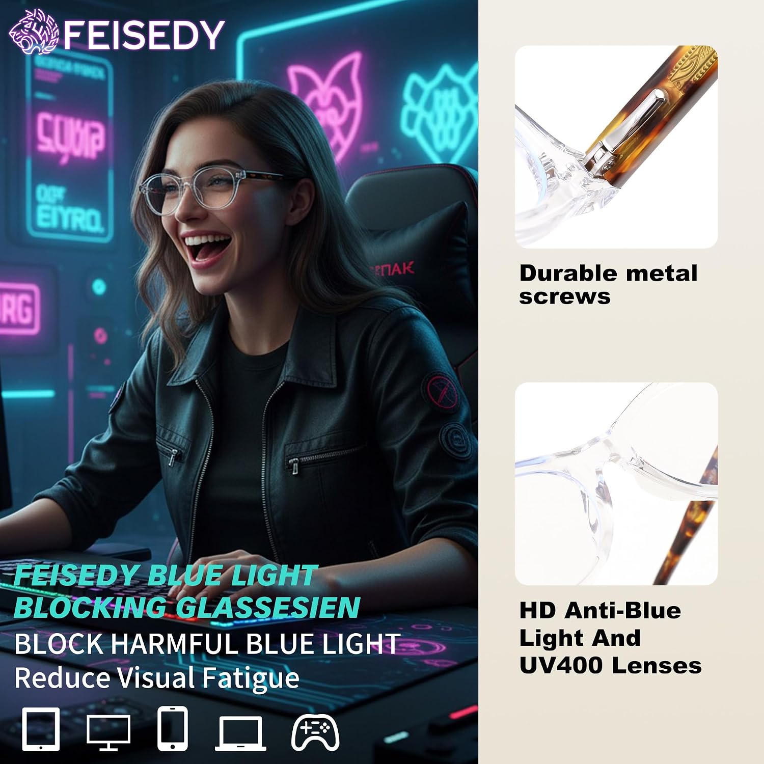 商品图片 29 | B0GV3QRRGW | FEISEDY Oval Cat Eye Blue Light Blocking Glasses for Women Clear Lens B0395