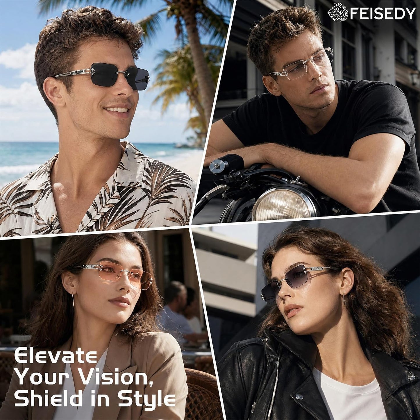 商品图片 4 | B0GX6FSM23 | FEISEDY Retro Rimless Rectangle Y2K Tinted Sunglasses for Women Men B0423