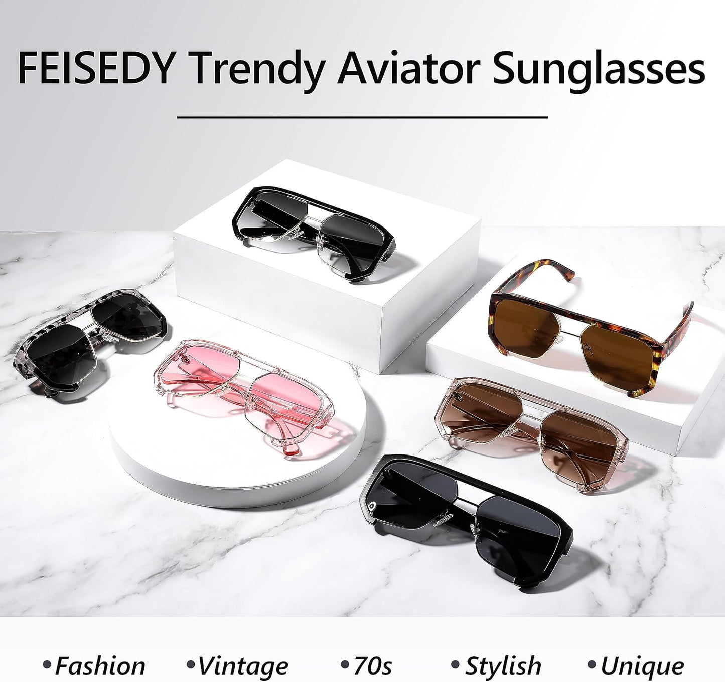 商品图片 6 | B0CBVDGZCB | FEISEDY Men Women Sunglasses Aviator, Square 70s Frame, Vintage Retro Trendy UV400 Sun Glasses B2398