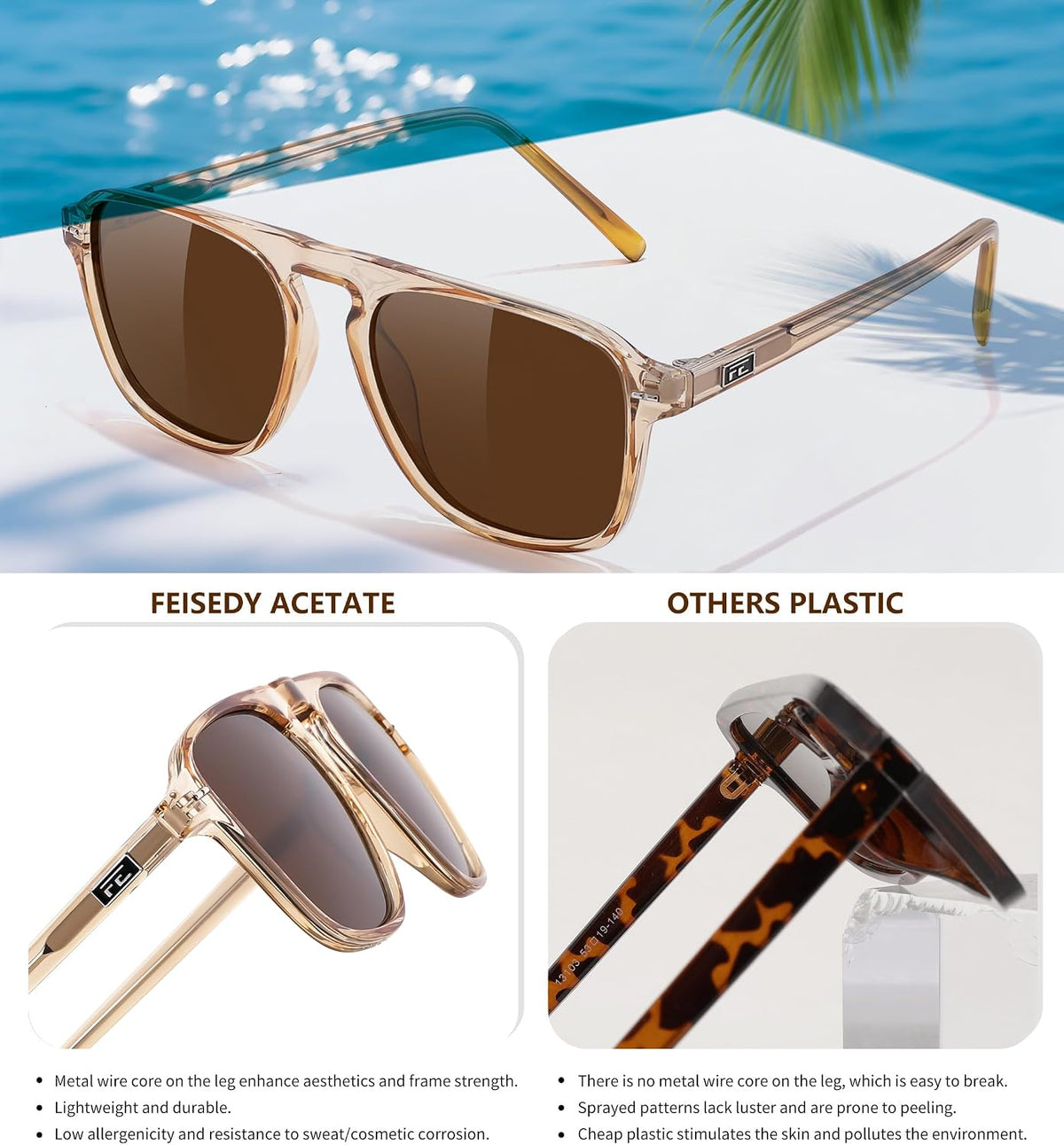 ÉÌƷͼƬ 40 | B0F4D461TF | FEISEDY Polarized Aviator Mens Sunglasses Square Modern Women Vintage Style Acetate Frame UV400 B0191