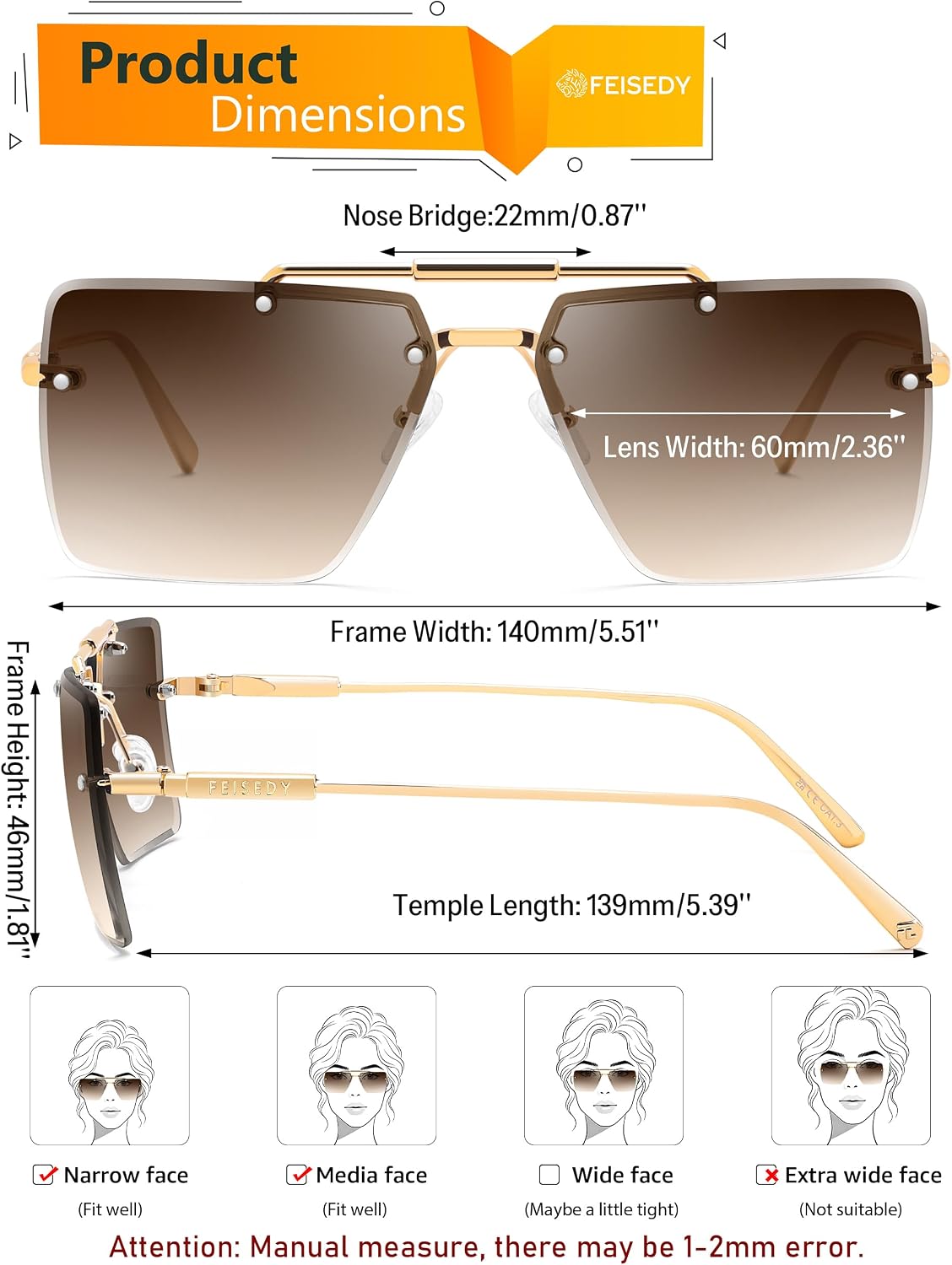 商品图片 28 | B0HFJXV98G | FEISEDY Rimless Aviator Sunglasses for Women Men Luxury UV400 Shades